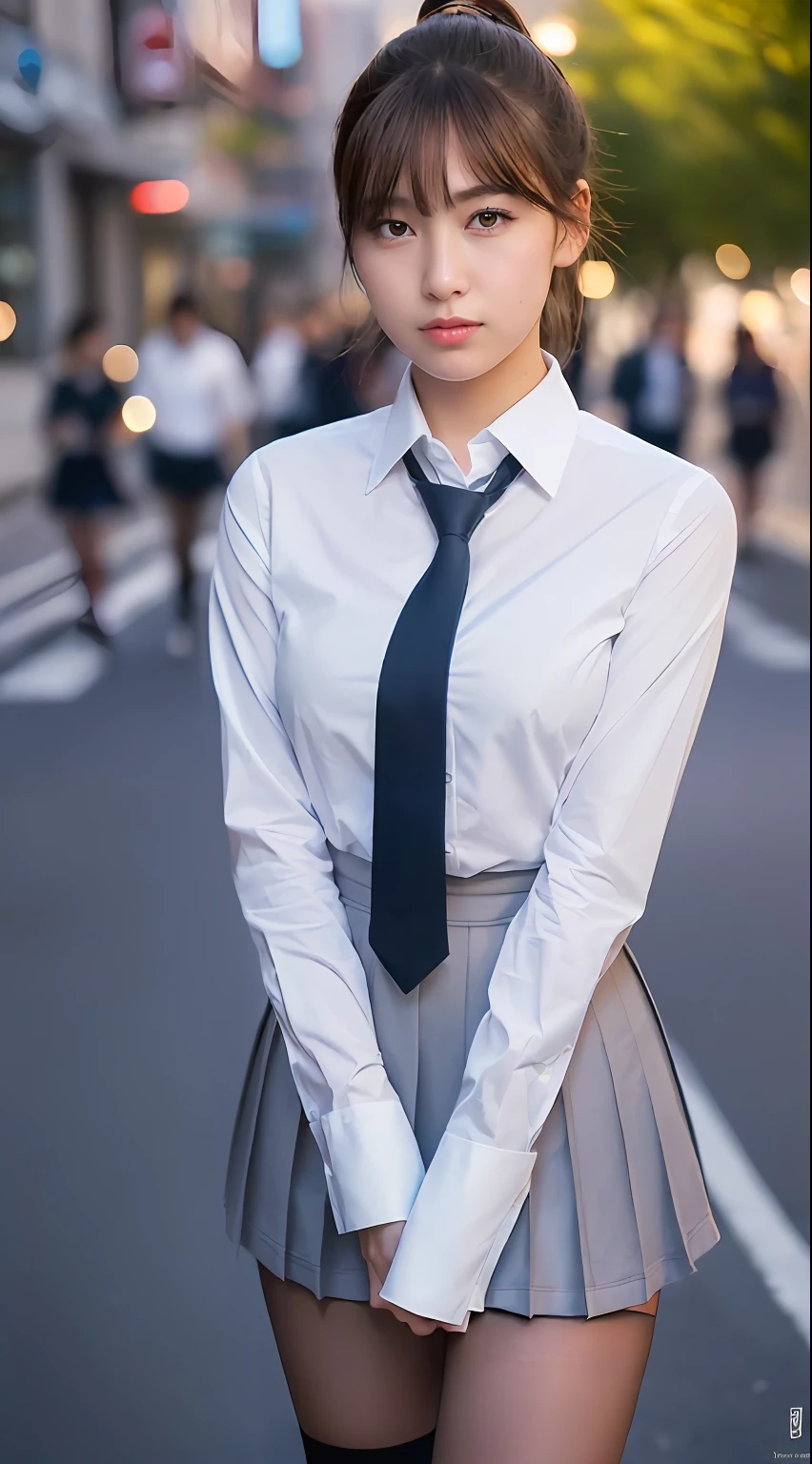 (( 19 year old young girl wear high school uniform costume:1.3)),(Dynamic pose),(skirt floating in the wind), (((Below the waist shot,haunting smile,moist lips,short hair))),
((irises and pupils are rounded,the pupil reflects the surroundings,eyes are not the same size)),
((Big eyes,perfect eyes,watery eyes)),
((thick bangs)),((Thin legs)),(high detailed skin,visible pores),
((medium breasts)),((city street,))

(ultra high res,photorealistic,realistic,best quality,photo-realistic),
(8k, raw photo, best quality, masterpiece),
(photon mapping, radiosity, physically-based rendering,automatic white balance),
technological sense, best quality, masterpiece, illustration,CG ,unity ,wallpaper, official art,
Amazing, finely detail, an extremely delicate and beautiful,extremely detailed,
highly detailed, sharp focus,rich background,blurry background,strong sunlight,
(real person,photograph),
