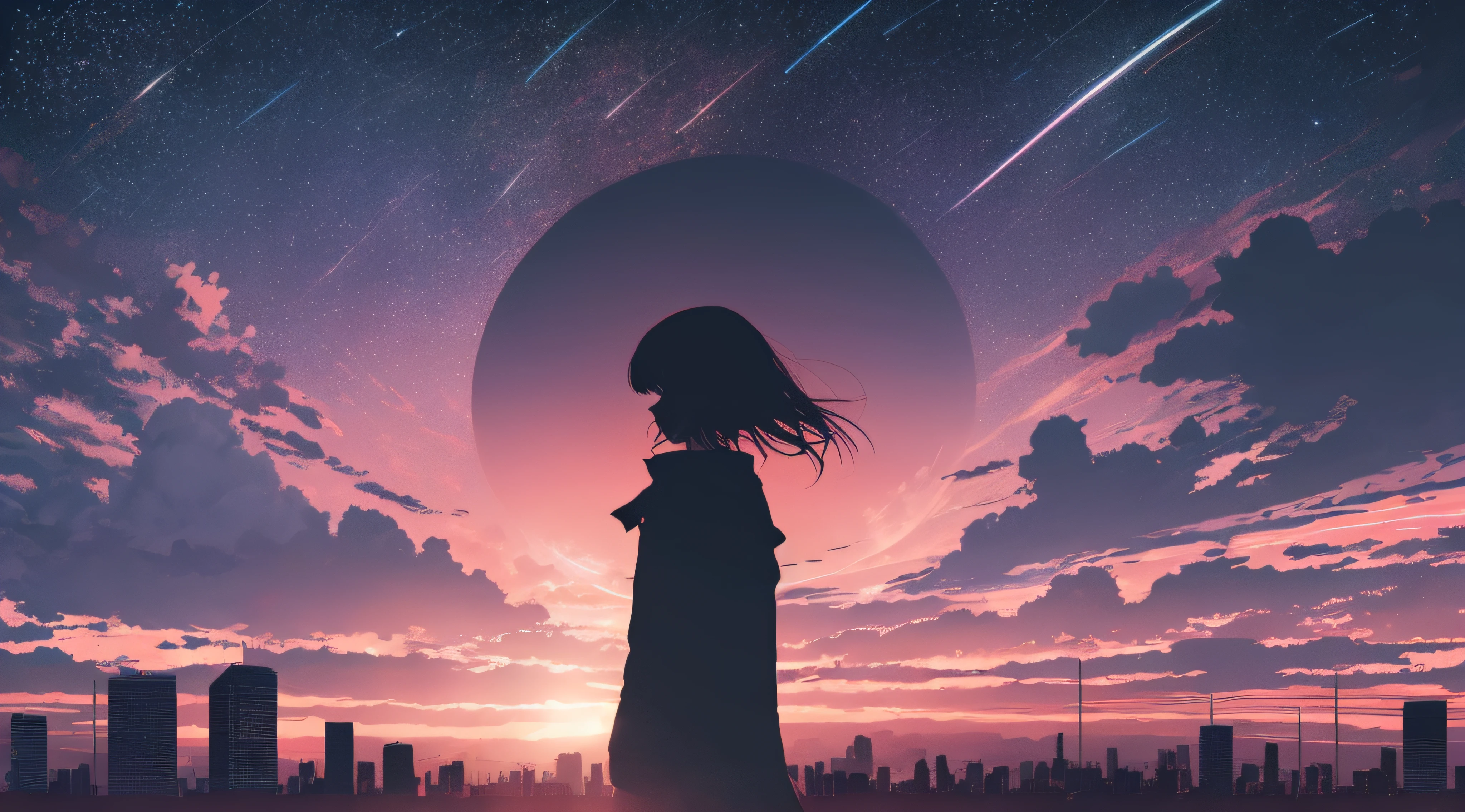 anime,silhouette,1girl, star (sky), cloud, cityscape, building, city, outdoors, skyscraper, city lights, night, night sky, sunset, skyline