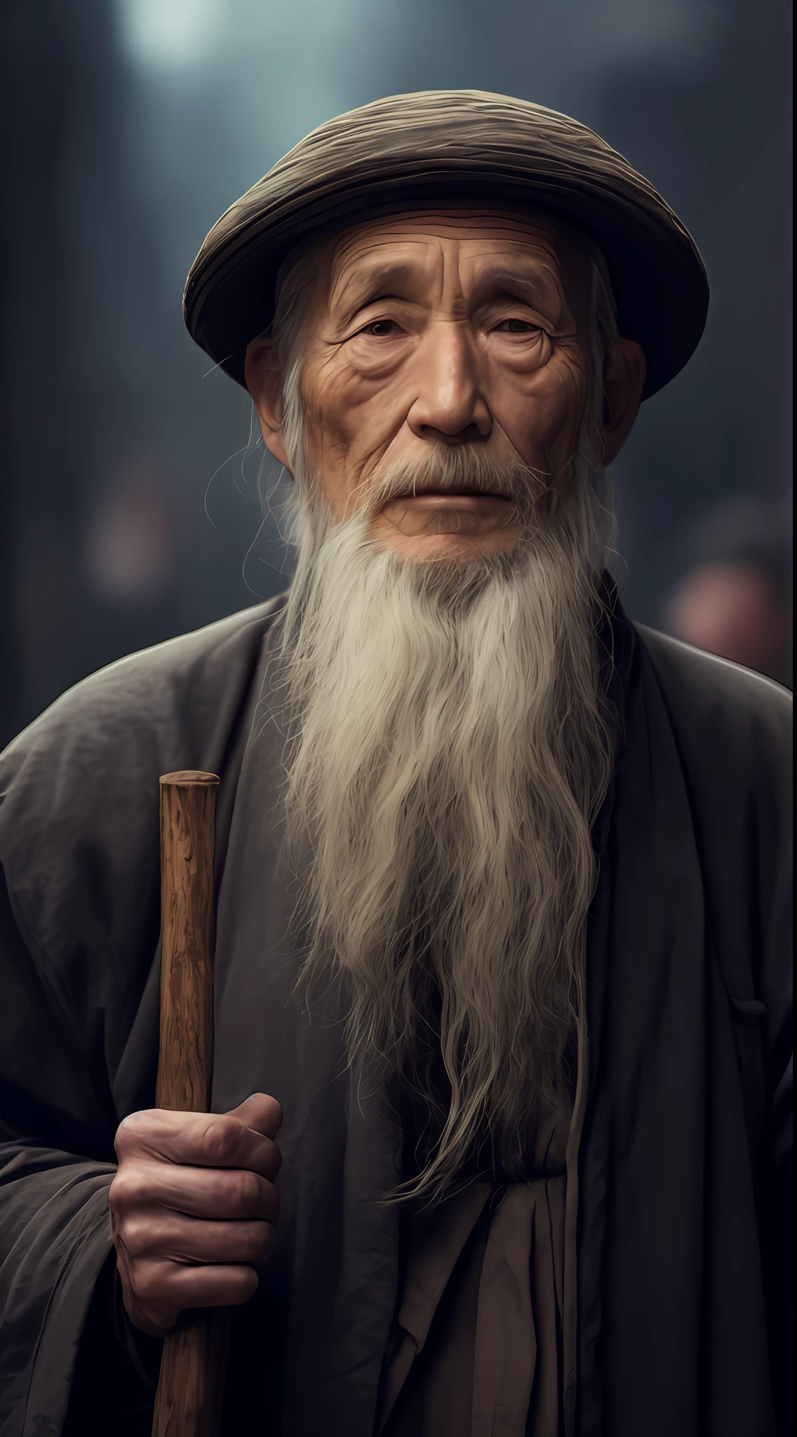 with a long beard,An Arafeld man wearing a hat with a stick, An old man, old man portrait, sharp looking portrait, peaceful expression, Wise old man, stunning portrait, Beautiful portrait, portrait photo of an old man, Old man, a old man, Serene expression, portrait of monk, of an old man, Portrait of an old man, Perfectly centered portrait