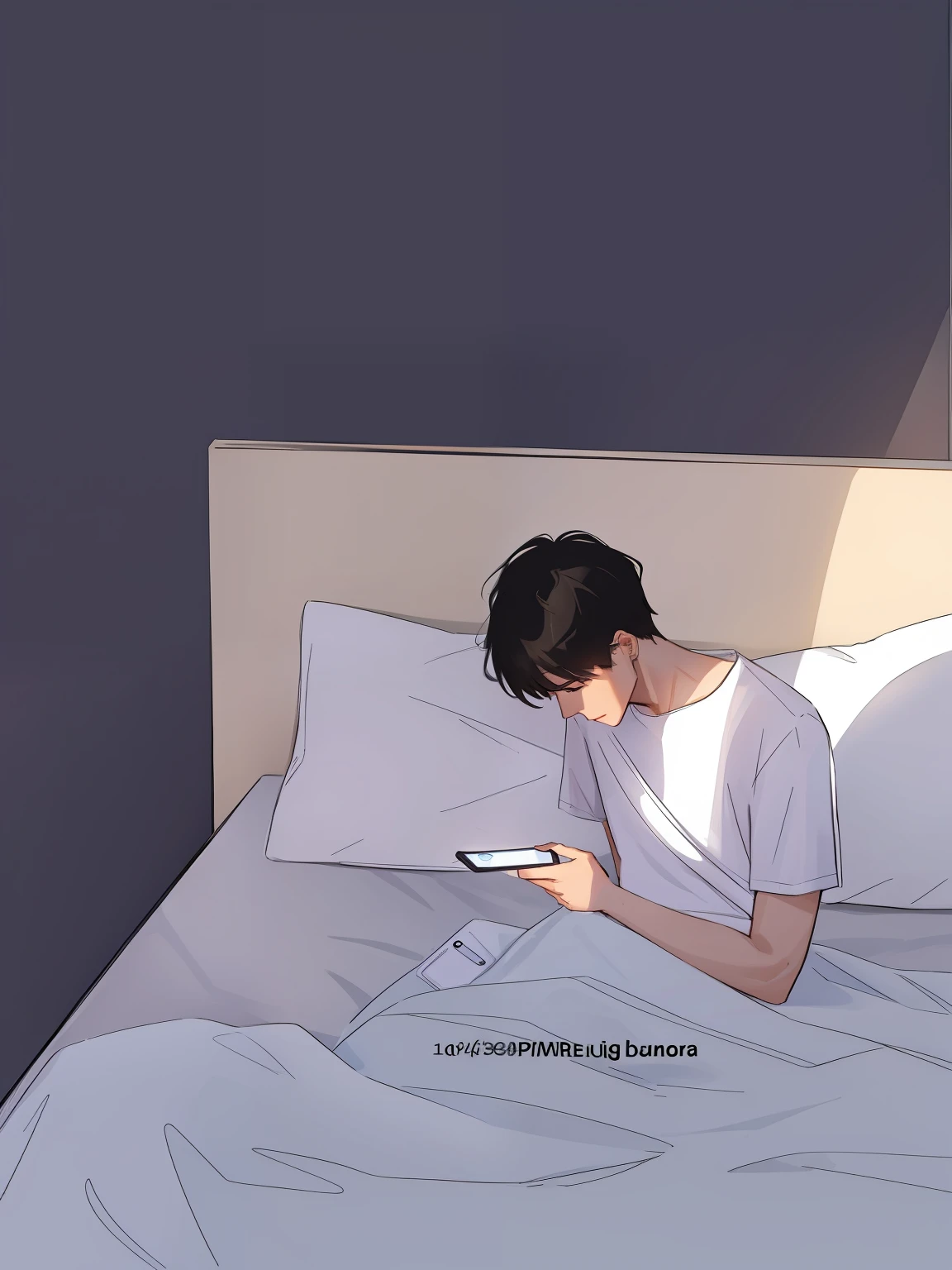 there is a man laying in bed with a cell phone, looking at his phone,