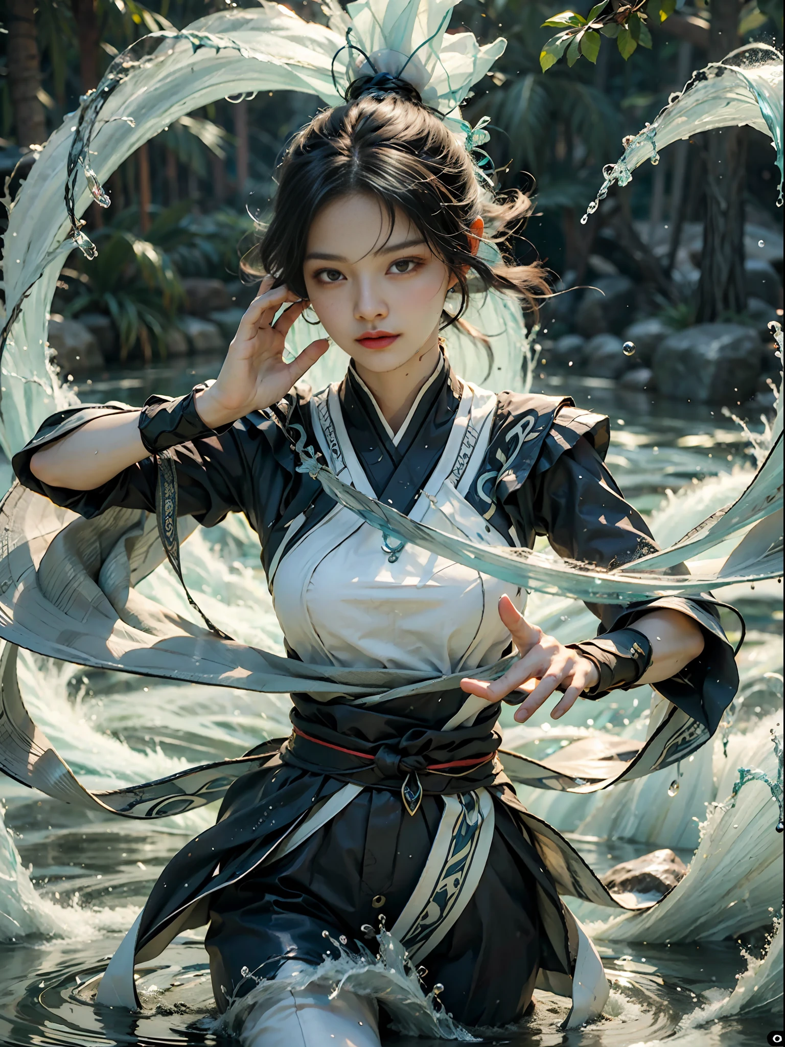 ((best quailty)), ((tmasterpiece)), (A detailed), (Realistis), (offcial art), (Very detailed CG unity 8k wallpaper), (Water magic:1.2), (Manipulating water:1.1), (element control:1.2), (graceful movements:1.1), (Aquatic beauty:1.2), (Mysterious powers:1.2), (Serene expression:1.1), (Flowing tides:1.2), (Sparkling water droplets:1.2), (magic aura:1.1), (magic incantation:1.2), (Ripple waves:1.2), (Splendid water formation:1.1), (Emerges from a whirlpool of water:1.2), (Resonate with nature:1.2),(commanding the elements:1.2),(translucent veils:1.1),(Wisdom and strength:1.2),(swirls of magic:1.2),(Glowing zigzag:1.1),(Harmony with the sea:1.2),(Mysterious origins:1.2),(harmonious balance:1.1),(The power of tranquility:1.2),(A fascinating spectacle:1.2),(Immerse yourself in liquid magic:1.1),The proportions are correct,semi transparent