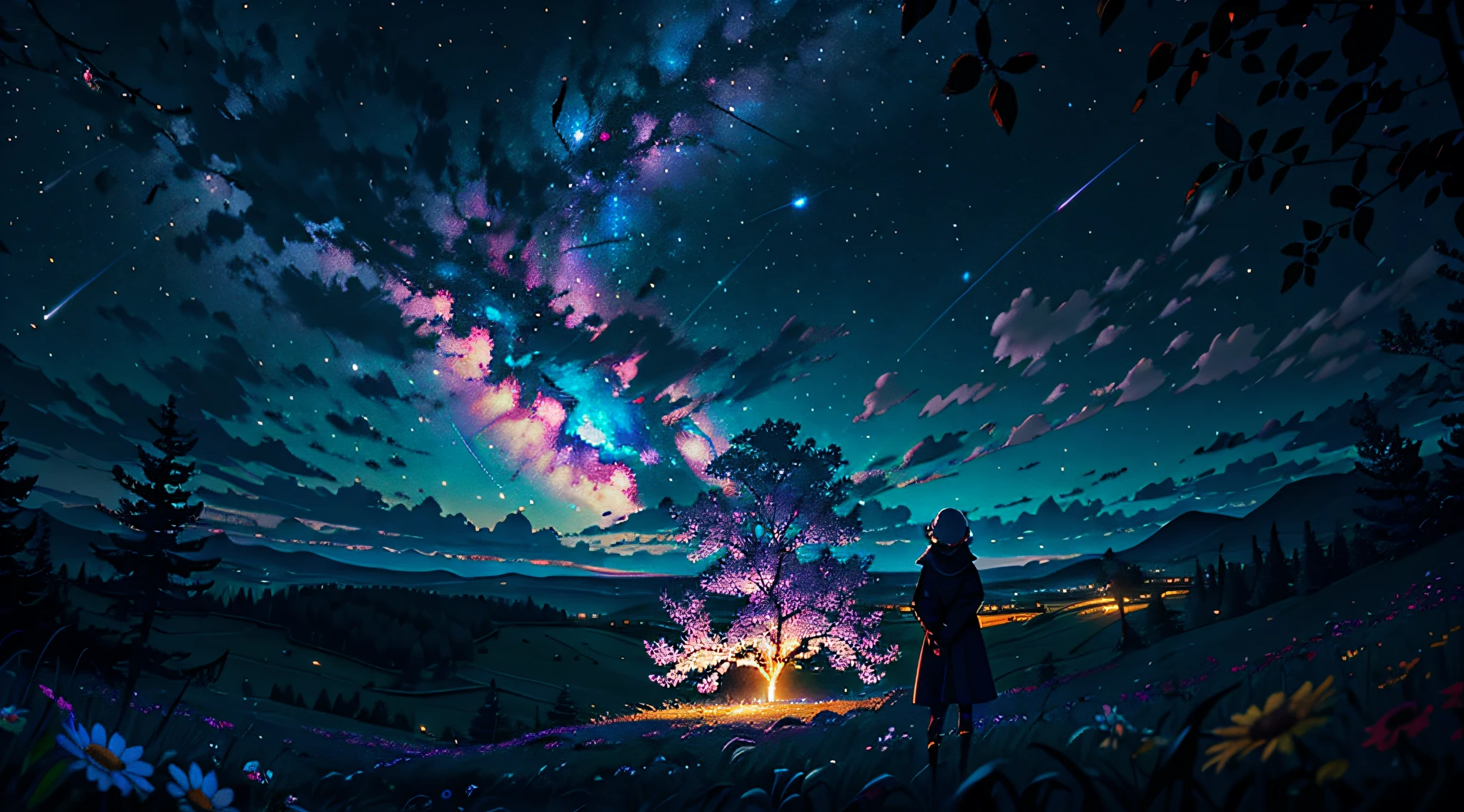 Expansive landscape photograph, (view from below with a view of the sky and the wilderness below), little girl standing in a flower field looking up, (full moon: 1.2), (shooting star: 0.9), (nebula: 1.3), distant mountain, tree break production art, (warm light source: 1.2), (firefly: 1.2), lamp, purple and orange, intricate detail, volume lighting BREAK (masterpiece: 1.2), (highest quality ), 4k, ultra-detailed, (dynamic configuration: 1.4), highly detailed and colorful details (iridescent: 1.2), (sparkling lighting, atmospheric lighting), dreamy, magical, (solo: 1.2)