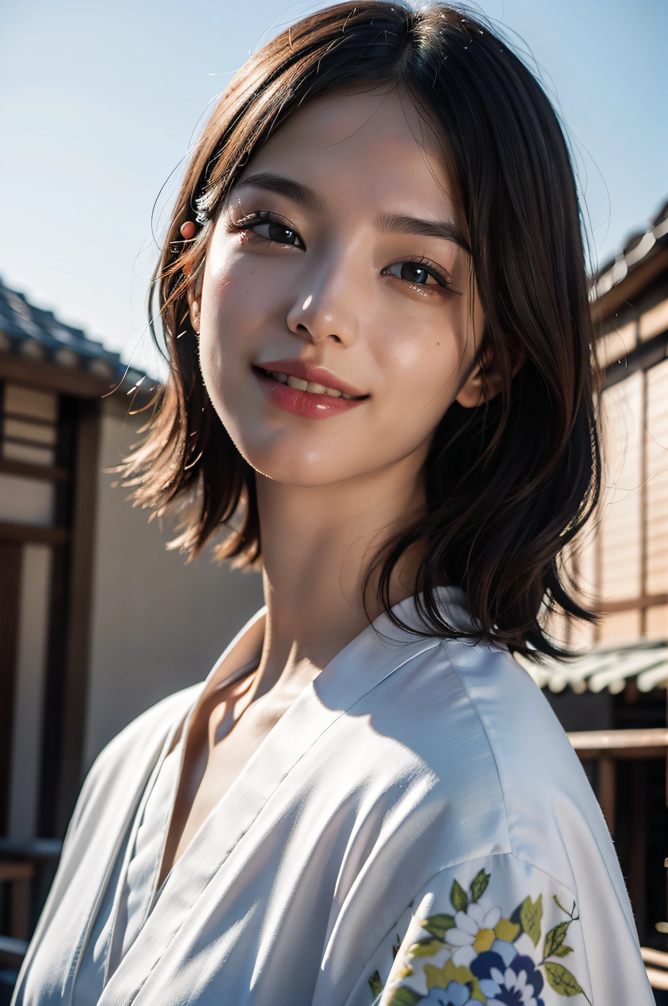 Close up photo of a girl、shorth hair、(Wearing a silk kimono with a Japanese pattern)、The background is the roof of a building、beste-Qualit、realisitic、a photorealistic、(intricate detailes:1.2)、(delicate detail)、(ciinematic light、best quality backlight)、Clear Line、foco nítido、Lifelike face、Detailed faces Unity 8K wallpapers、Super-High Resolution、(a photorealistic:1.4)、A smile