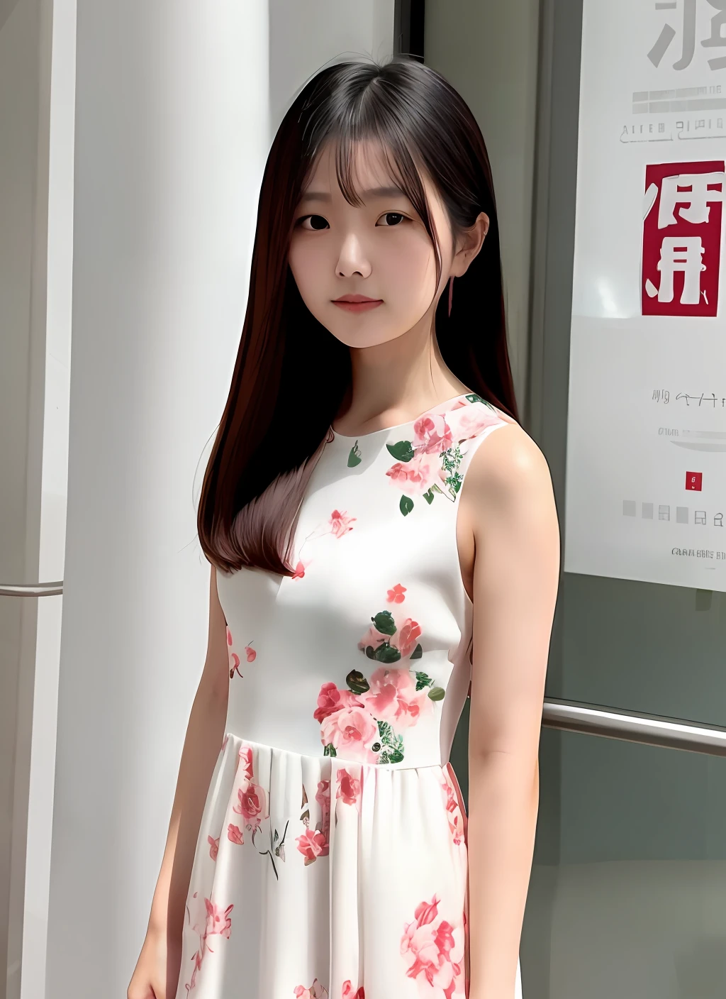 A Chinese woman wearing a white floral dress,hair to shoulder,modern day,Black hair,There is a mole at the corner of the eye