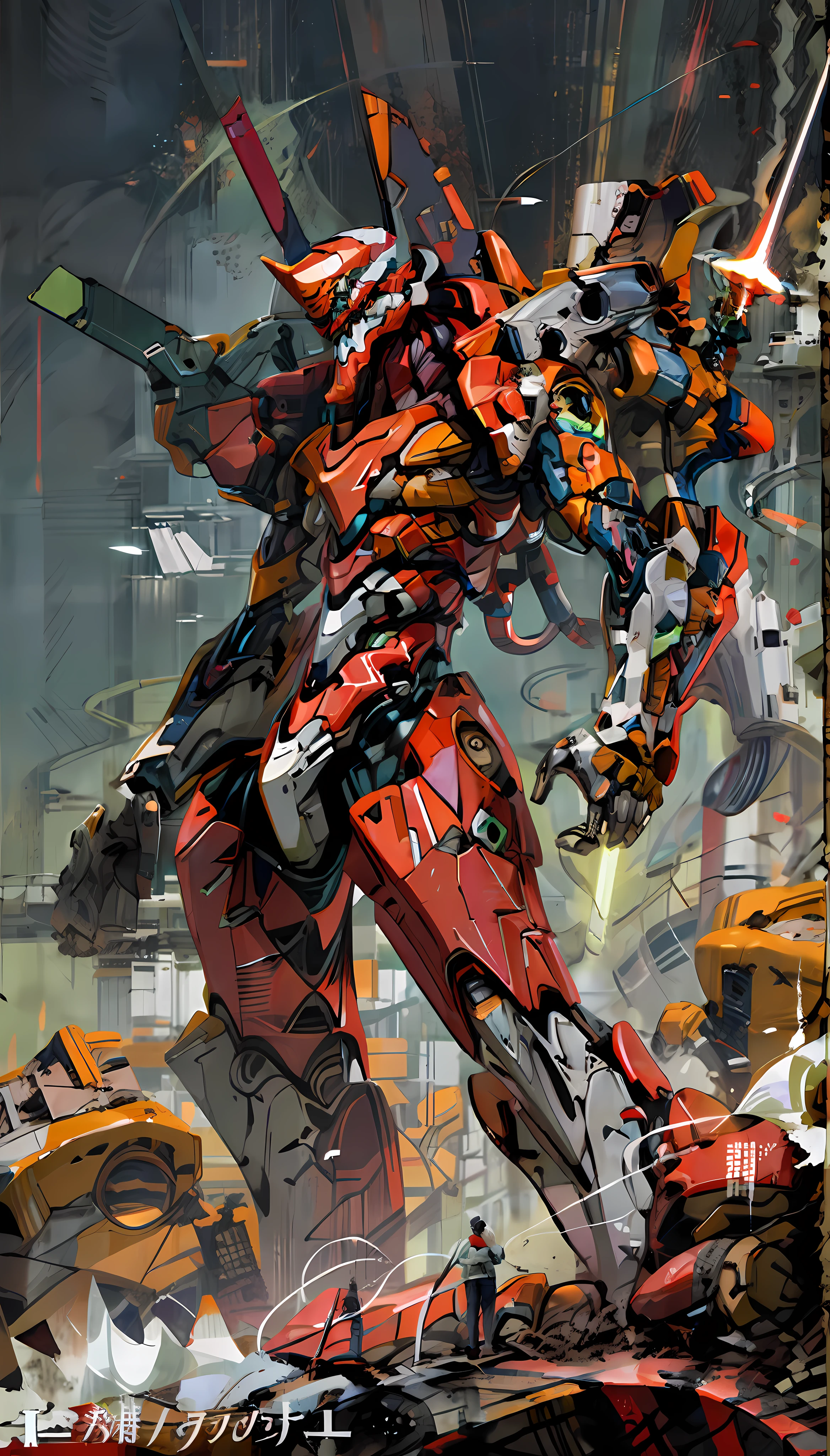 Eva 02, Eva, Evangelion mecha, science fiction, look viewer, (official art, best quality, masterpiece: 1.2), Illustrations, high resolution, beautiful abstract background, futuristic, comic book style, mecha, handheld weapon, lightsaber, depth of field, wide angle,