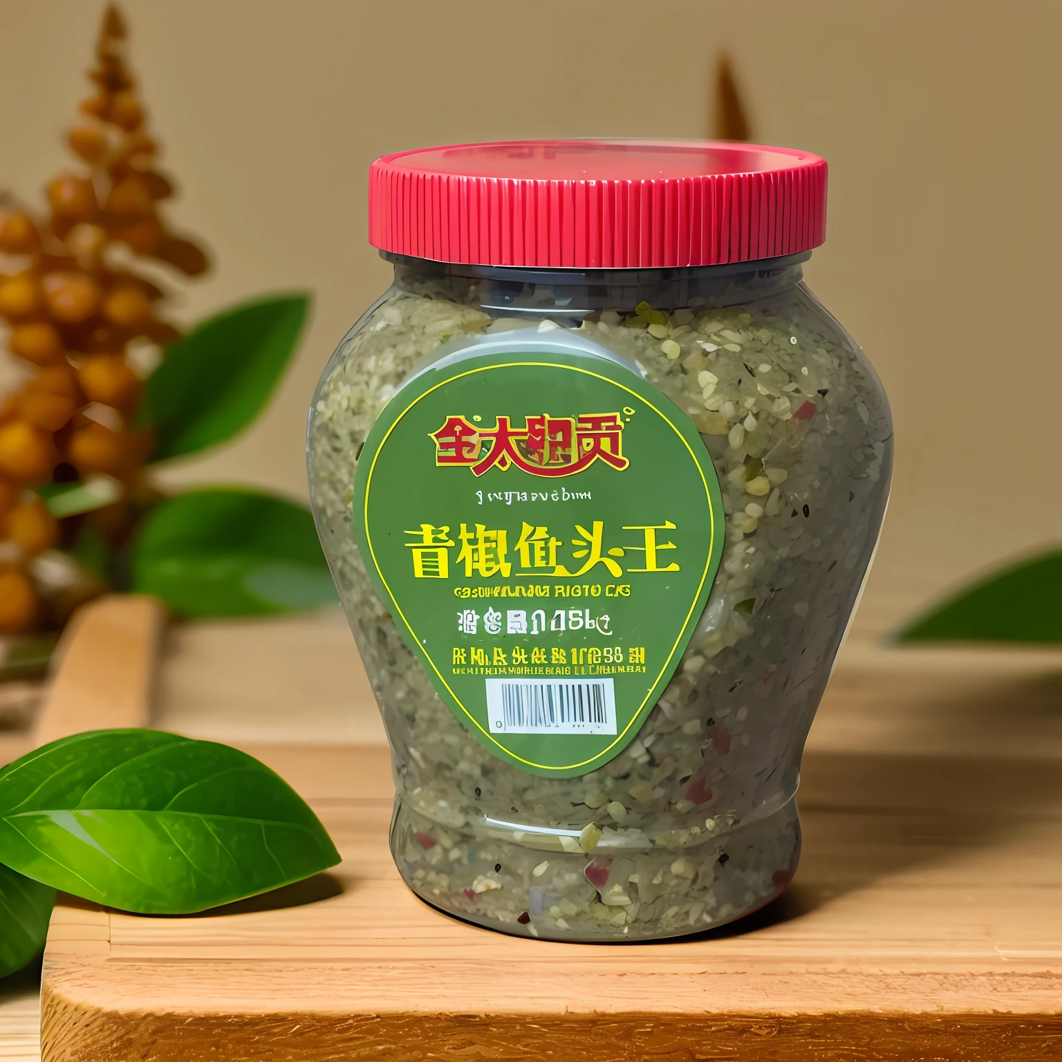 there is a jar of green food sitting on a table, Real Scene、natural lightting、Product photo, high detail product photo, highly detailed product photo, Sauce, miniature product photo, zun, Official product image