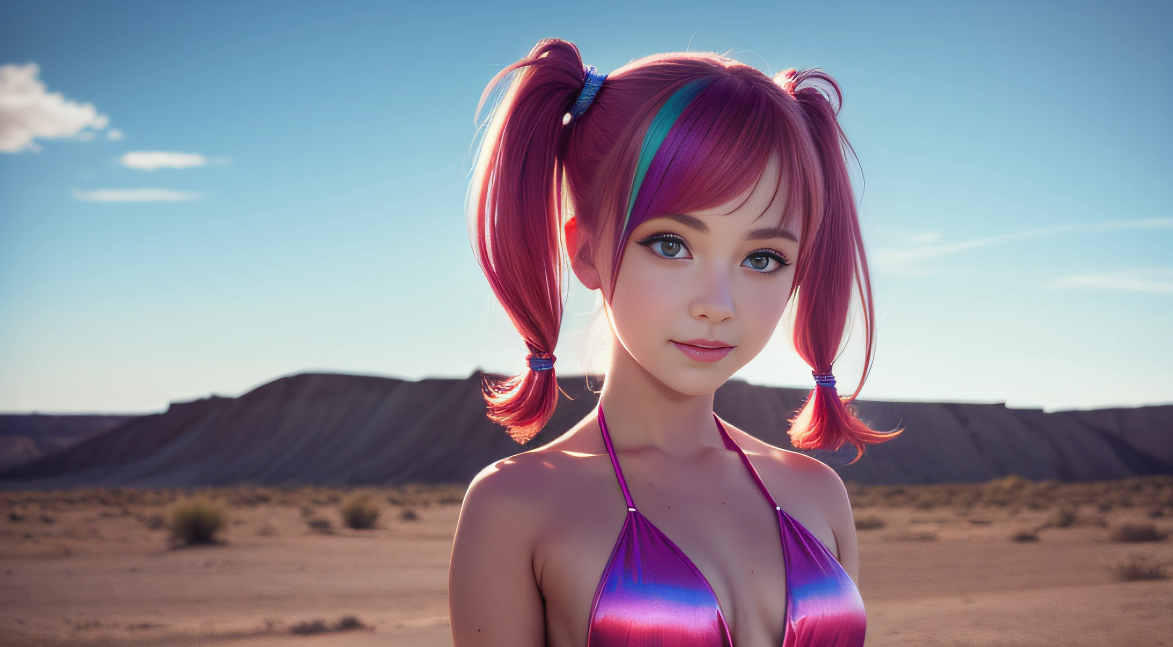 cute redhead woman in twin tails, multiple rainbow colored hair, sky-blue eyes, happy, Ukrainian, petite, pale skin, wearing a pink metallic bikini, post apocalyptic background, bleak barren desert, photo realistic woman. --auto