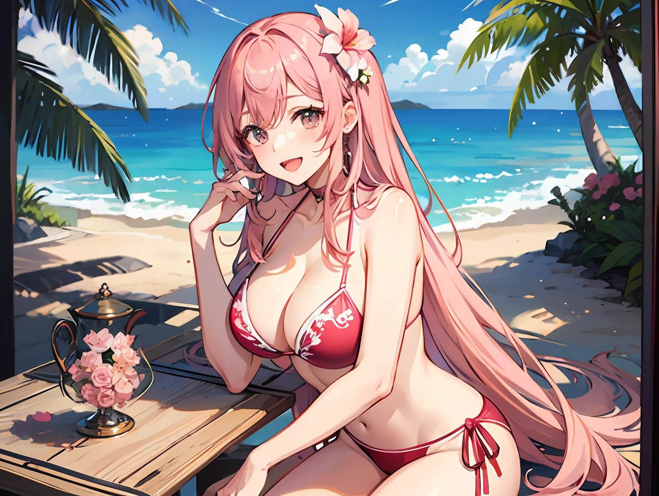 beautiful anime girl girl in pink bikini sitting on table at tropical beach, 1girl in, Breasts, flower, Outdoors, Smile, Pink hair, Solo, swimsuit, Looking at Viewer, bikini of, Cleavage, day, Hair Ornament, Hair Flower, Open mouth, large breasts, Long hair, Bare arms, Pink bikini, Pink eyes, Bare shoulders, 鎖骨, :D, Sky, tree, String bikini, cloud, beach, Chair