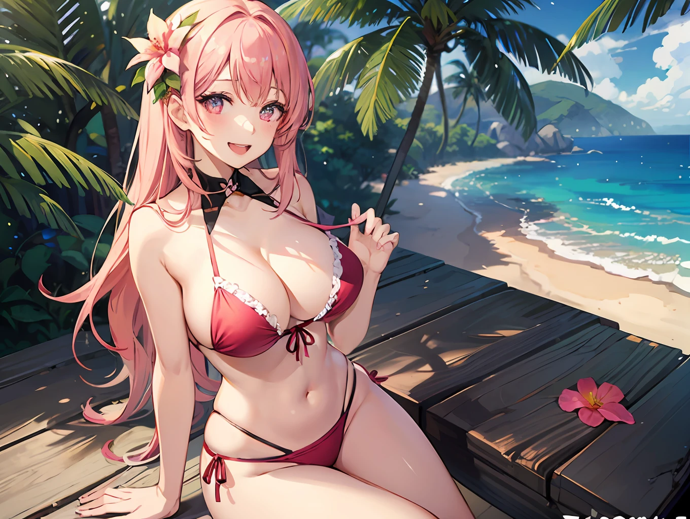 beautiful anime girl girl in pink bikini sitting on table at tropical beach, 1girl in, Breasts, flower, Outdoors, Smile, Pink hair, Solo, swimsuit, Looking at Viewer, bikini of, Cleavage, day, Hair Ornament, Hair Flower, Open mouth, large breasts, Long hair, Bare arms, Pink bikini, Pink eyes, Bare shoulders, 鎖骨, :D, Sky, tree, String bikini, cloud, beach, Chair