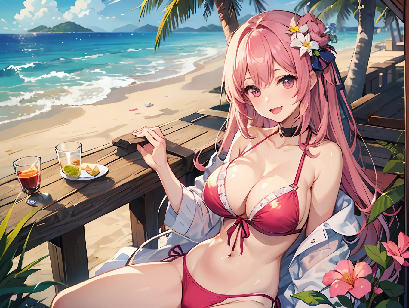 beautiful anime girl girl in pink bikini sitting on table at tropical beach, 1girl in, Breasts, flower, Outdoors, Smile, Pink hair, Solo, swimsuit, Looking at Viewer, bikini of, Cleavage, day, Hair Ornament, Hair Flower, Open mouth, large breasts, Long hair, Bare arms, Pink bikini, Pink eyes, Bare shoulders, 鎖骨, :D, Sky, tree, String bikini, cloud, beach, Chair