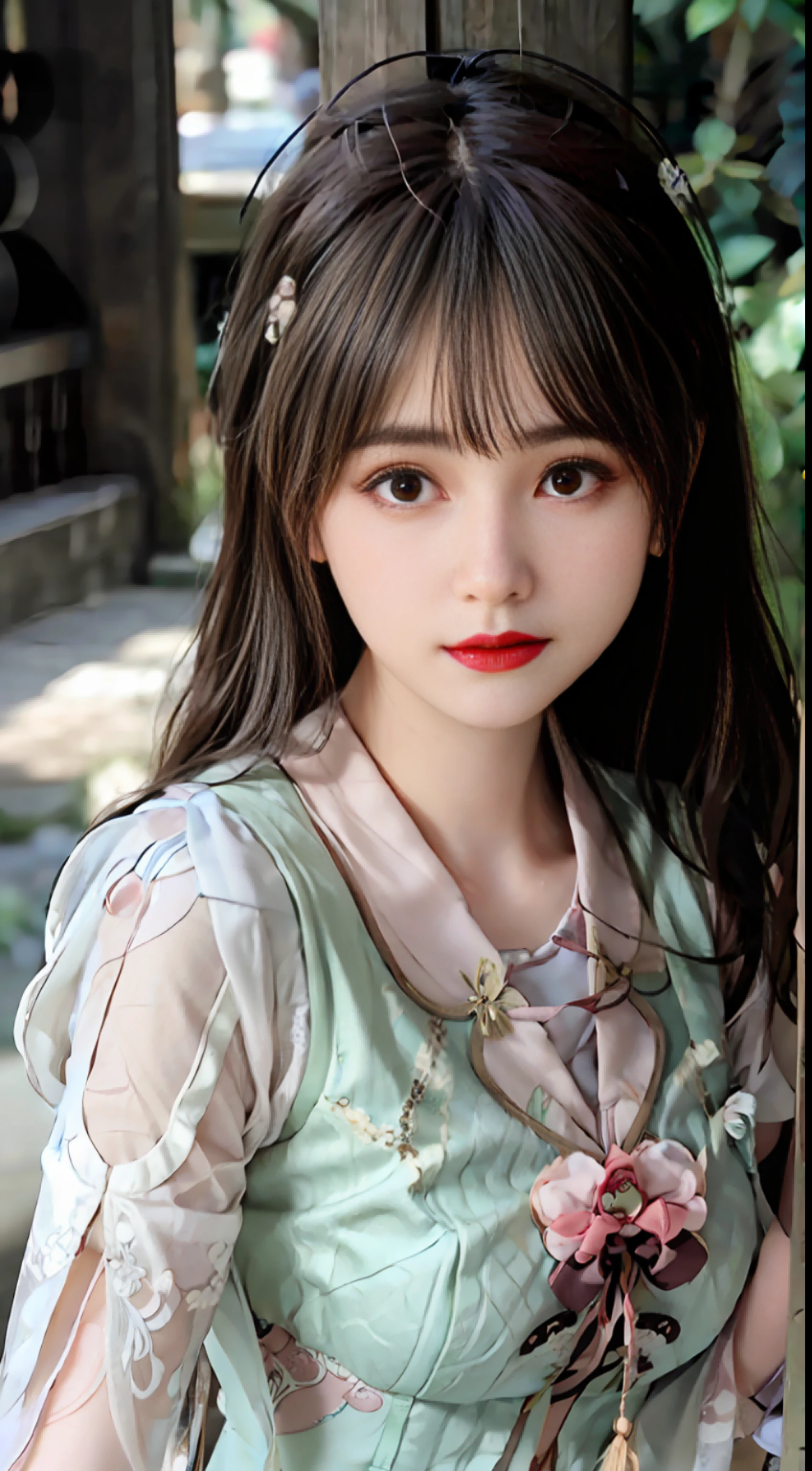 A beautiful woman in a white mop dress and Hanfu,Hyper-realistic close-up,closeup of face,CG close-up,Antique background,The 8K wide hem is embroidered with a pink pattern,Wear a rose bodice with thin cicada wings,The waist is tied with green and green sprinkled soft tobacco skirt,Covered with a white plum cicada wing yarn that mops the floor