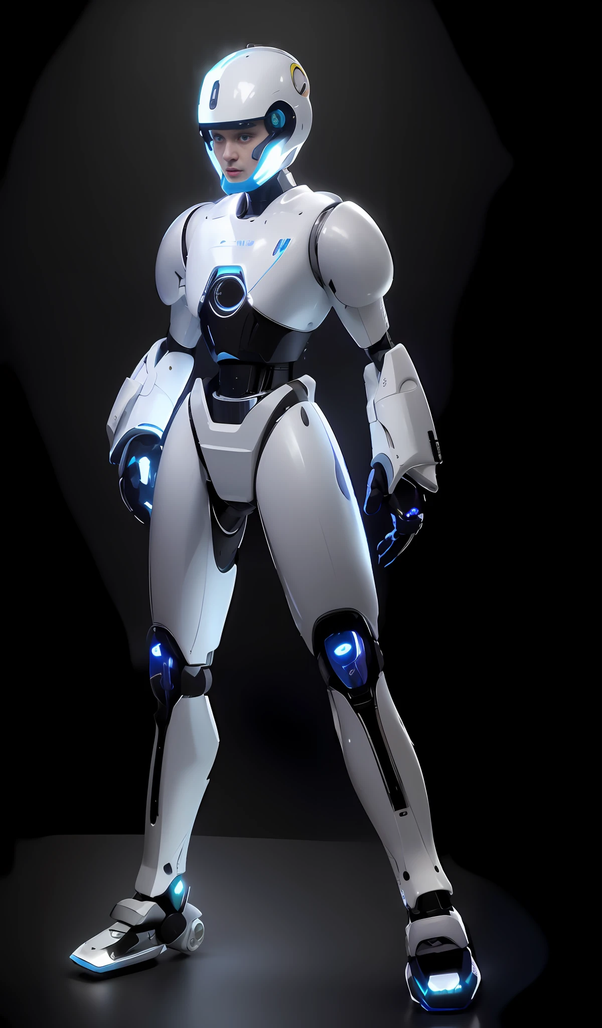arafed robot with a blue light on his chest and a black background, in white futuristic armor, Mecha suit, echo from overwatch, Futuristic robot body, full body mecha suit, sci - fi character, futuristic robotic, ferra white mecha, symetry! futuristic robotic, mech body, humanoid character, Mecha Inspiration, mech robot futuristic