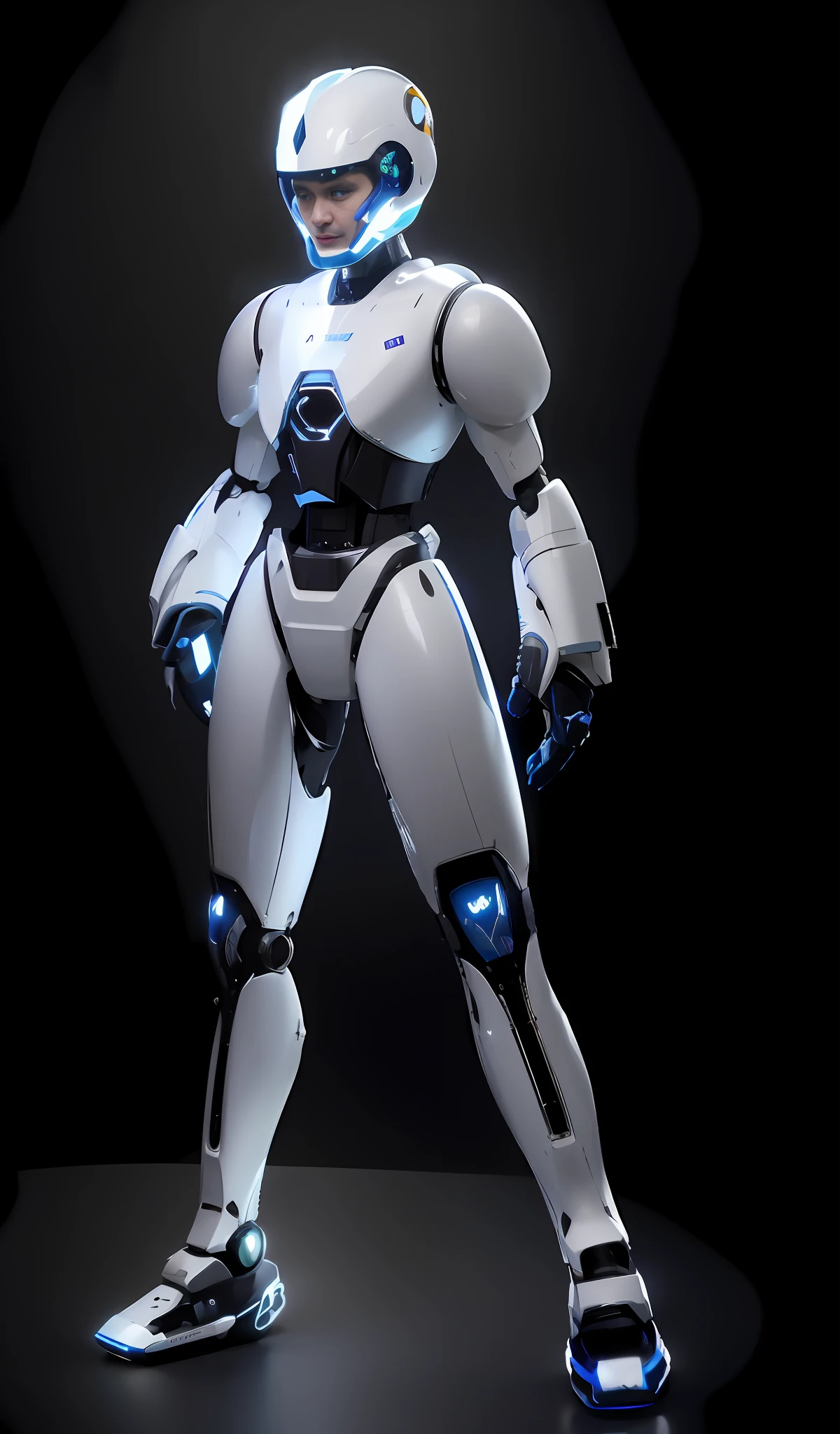 arafed robot with a blue light on his chest and a black background, in white futuristic armor, Mecha suit, echo from overwatch, Futuristic robot body, full body mecha suit, sci - fi character, futuristic robotic, ferra white mecha, symetry! futuristic robotic, mech body, humanoid character, Mecha Inspiration, mech robot futuristic