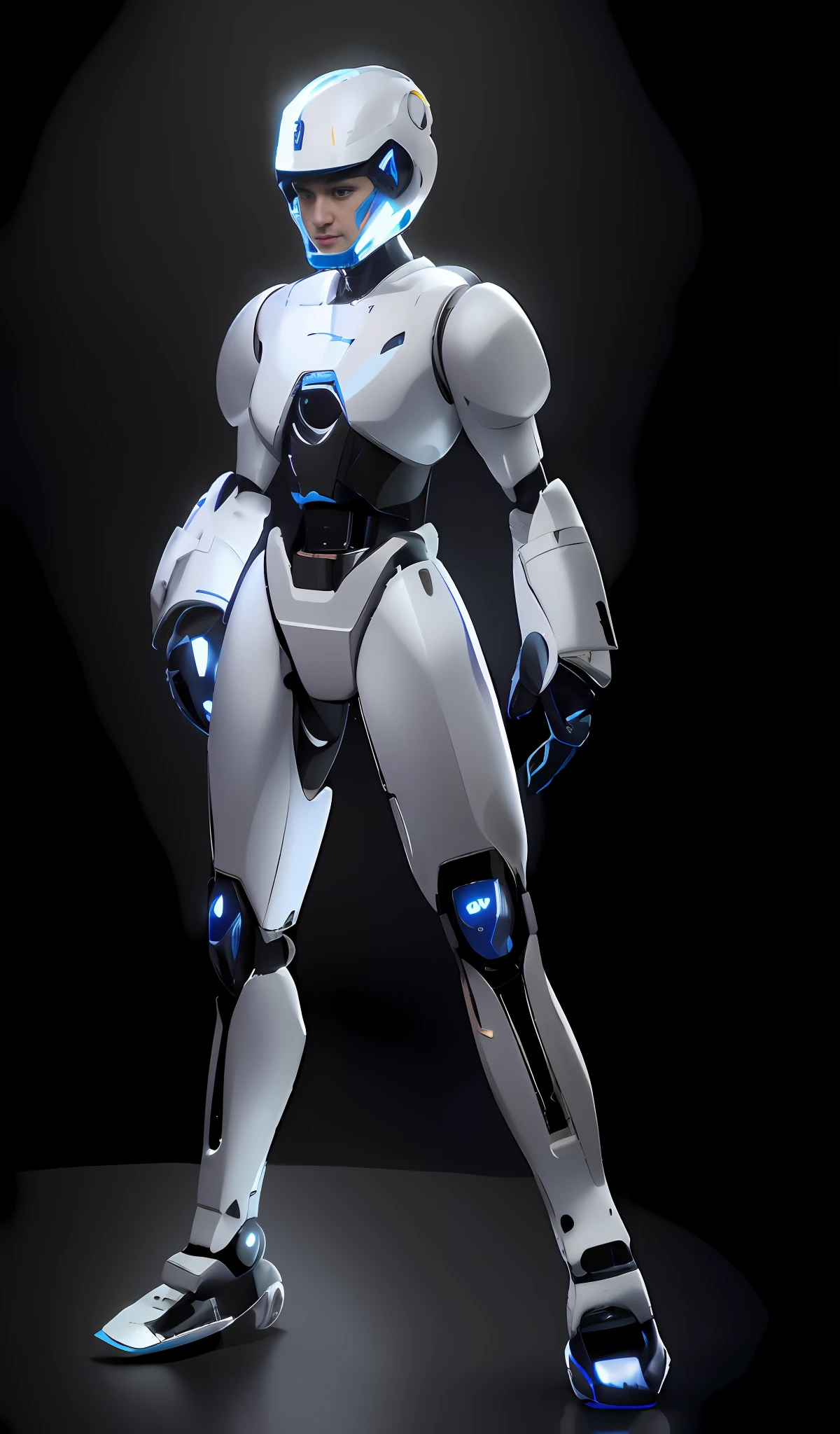 arafed robot with a blue light on his chest and a black background, in white futuristic armor, Mecha suit, echo from overwatch, Futuristic robot body, full body mecha suit, sci - fi character, futuristic robotic, ferra white mecha, symetry! futuristic robotic, mech body, humanoid character, Mecha Inspiration, mech robot futuristic