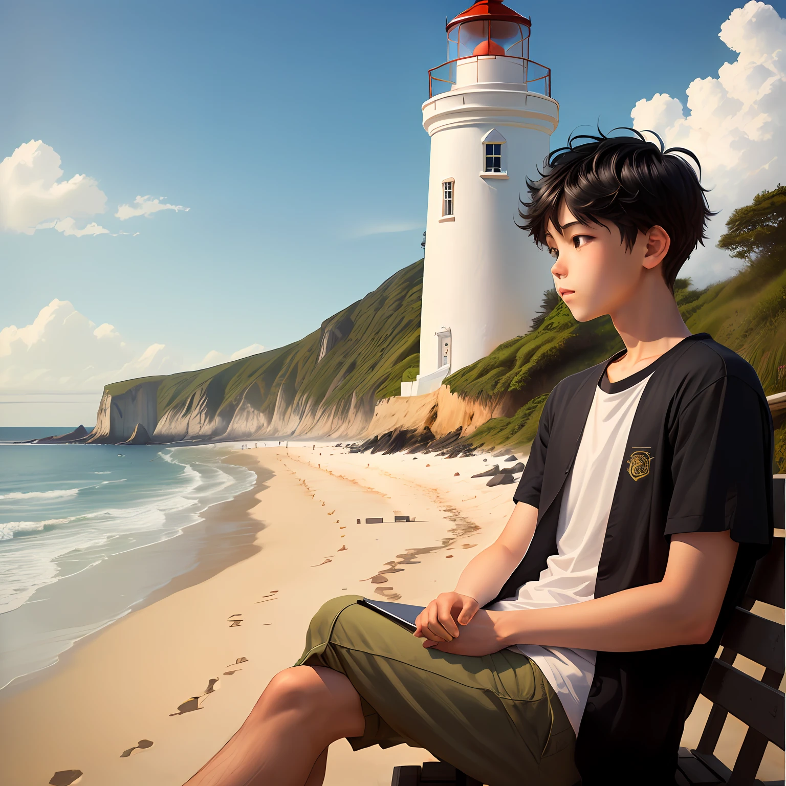 beachside,Black-haired boy,christianity,lighthouse