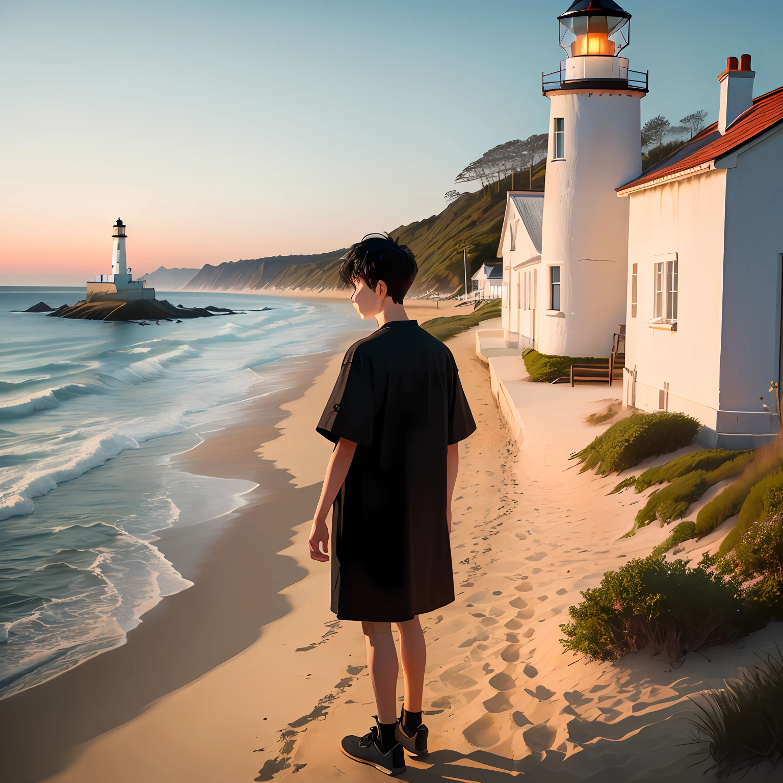 beachside，Black-haired boy，christianity，lighthouse