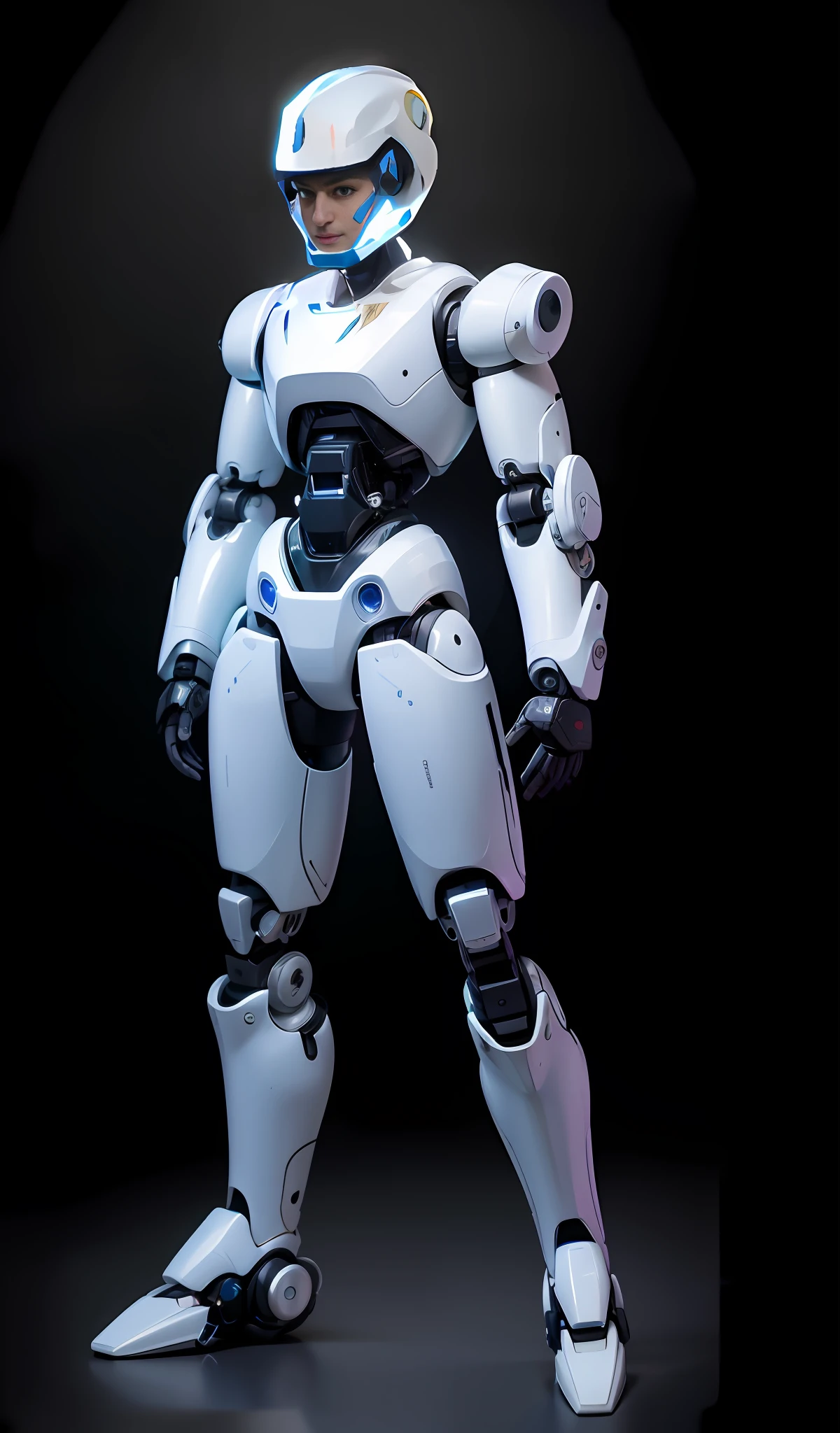 arafed robot with a blue light on his chest and a black background, in white futuristic armor, Mecha suit, echo from overwatch, Futuristic robot body, full body mecha suit, sci - fi character, futuristic robotic, ferra white mecha, symetry! futuristic robotic, mech body, humanoid character, Mecha Inspiration, mech robot futuristic