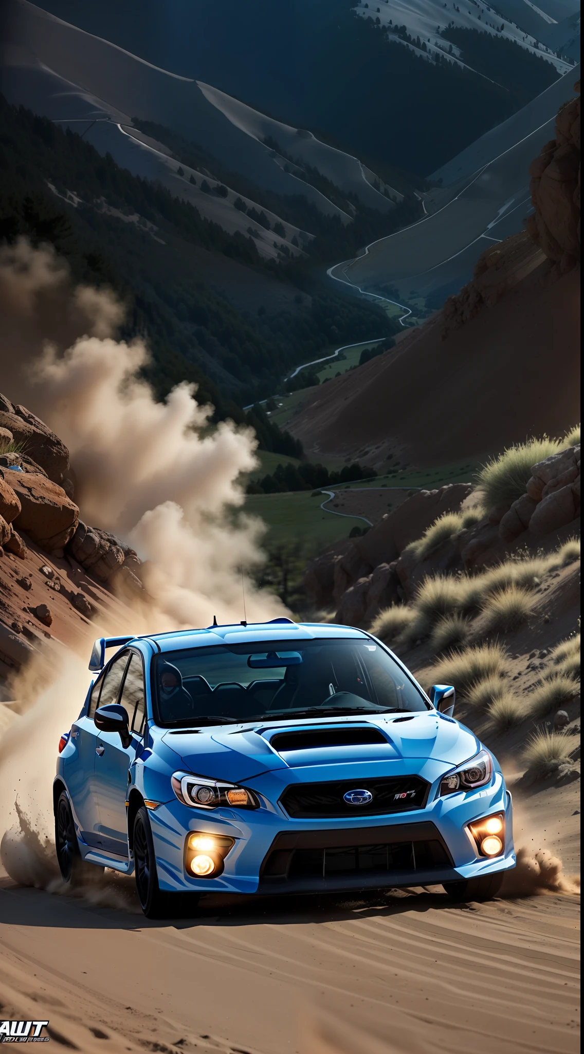 JDM,subaru,WRX,WRX STI ,Rally Blue,pulling force,moutain terrain,Corners,dust kicked up,Comic book style --auto