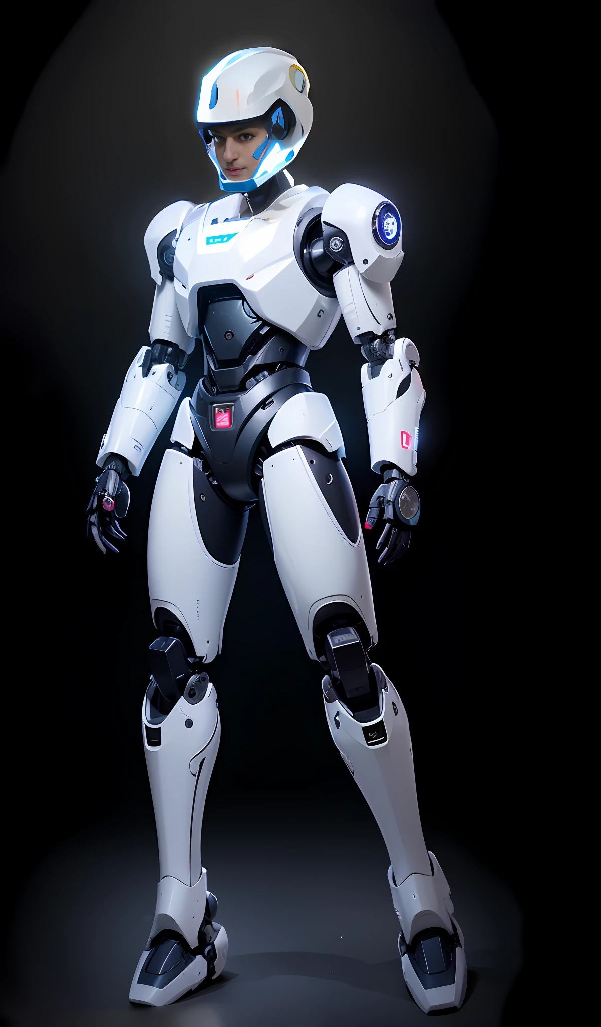 arafed robot with a blue light on his chest and a black background, in white futuristic armor, Mecha suit, echo from overwatch, Futuristic robot body, full body mecha suit, sci - fi character, futuristic robotic, ferra white mecha, symetry! futuristic robotic, mech body, humanoid character, Mecha Inspiration, mech robot futuristic