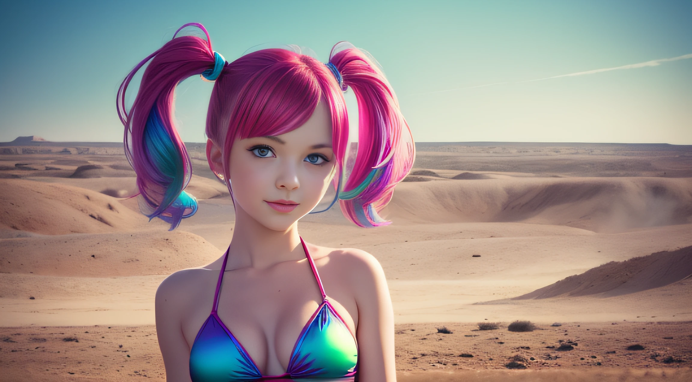 cute redhead woman in twin tails, multiple rainbow colored hair, sky-blue eyes, happy, Ukrainian, petite, pale skin, wearing a pink metallic bikini, post apocalyptic background, bleak barren desert, photo realistic woman. --auto