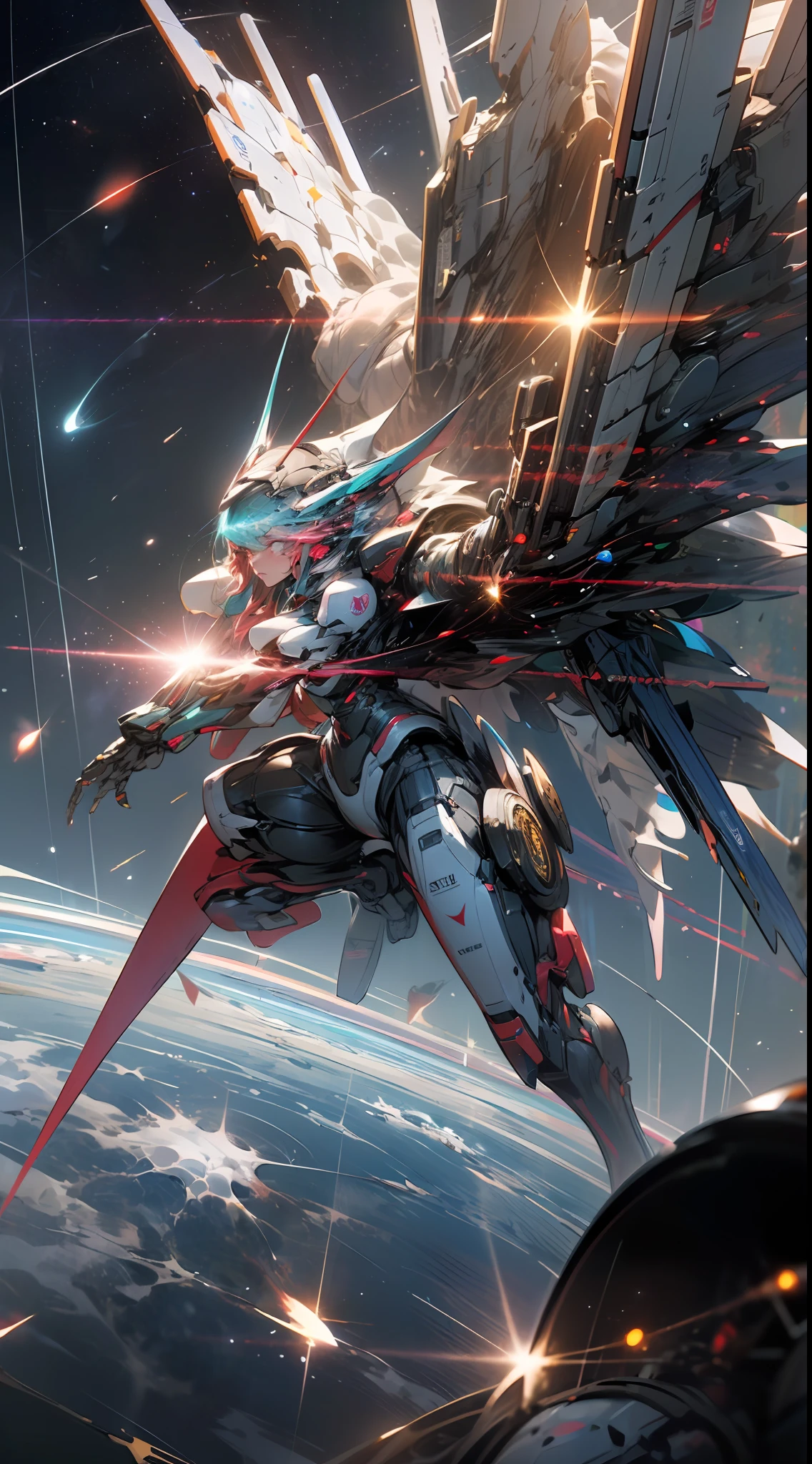 In space, huge planet, nebula, holding weapons, no humans, glowing, (female mech: 1.2), female robot, giant mechanical wings, mech wings, (flying in space: 1.3), comet fragments , glowing eyes, red mecha, science fiction, space, reality, mecha, galaxy background, neon lights, cyberpunk, HD wallpaper, CG art