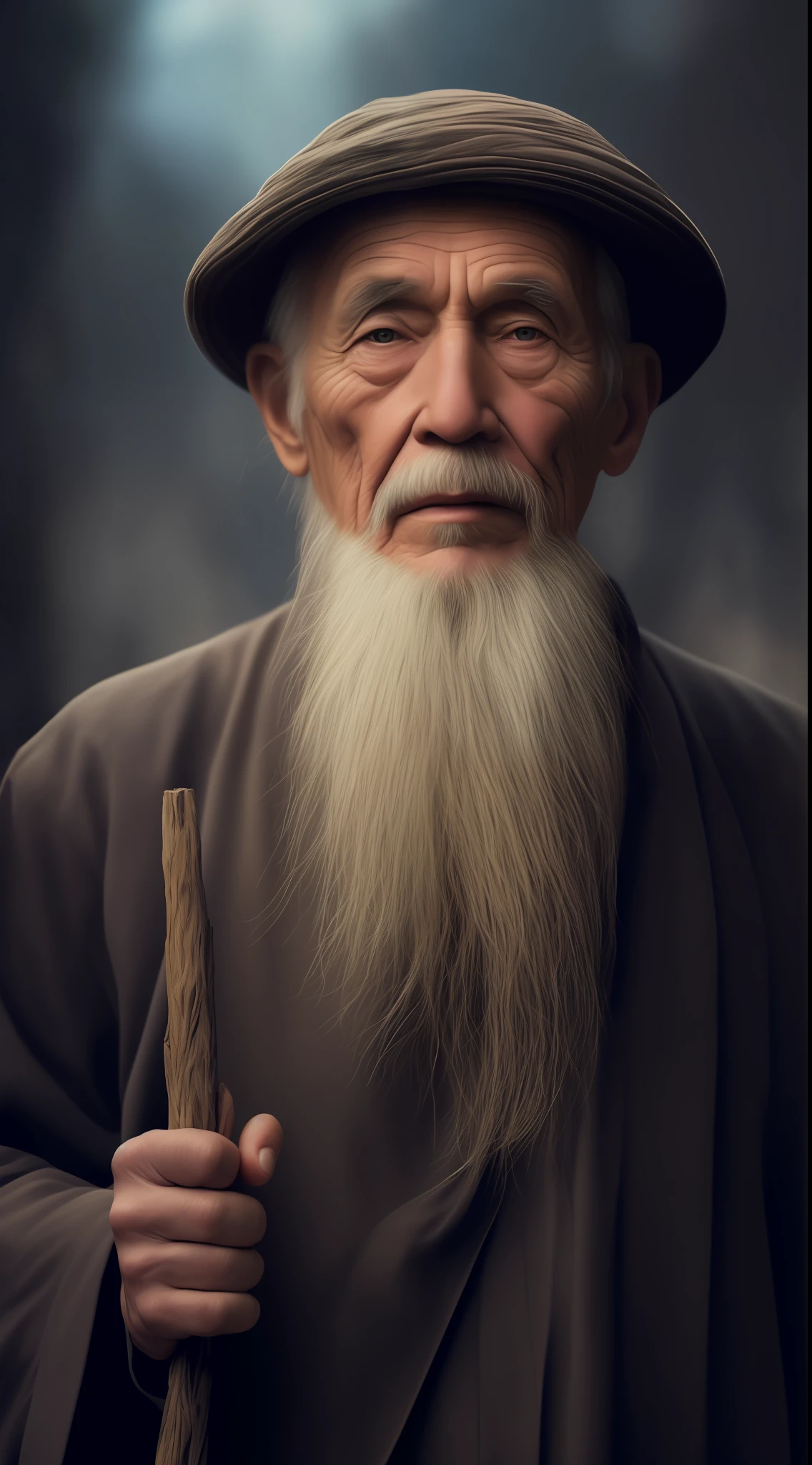with a long beard，An Arafeld man wearing a hat with a stick, An old man, old man portrait, sharp looking portrait, peaceful expression, Wise old man, stunning portrait, Beautiful portrait, portrait photo of an old man, Old man, a old man, Serene expression, portrait of monk, of an old man, Portrait of an old man, Perfectly centered portrait