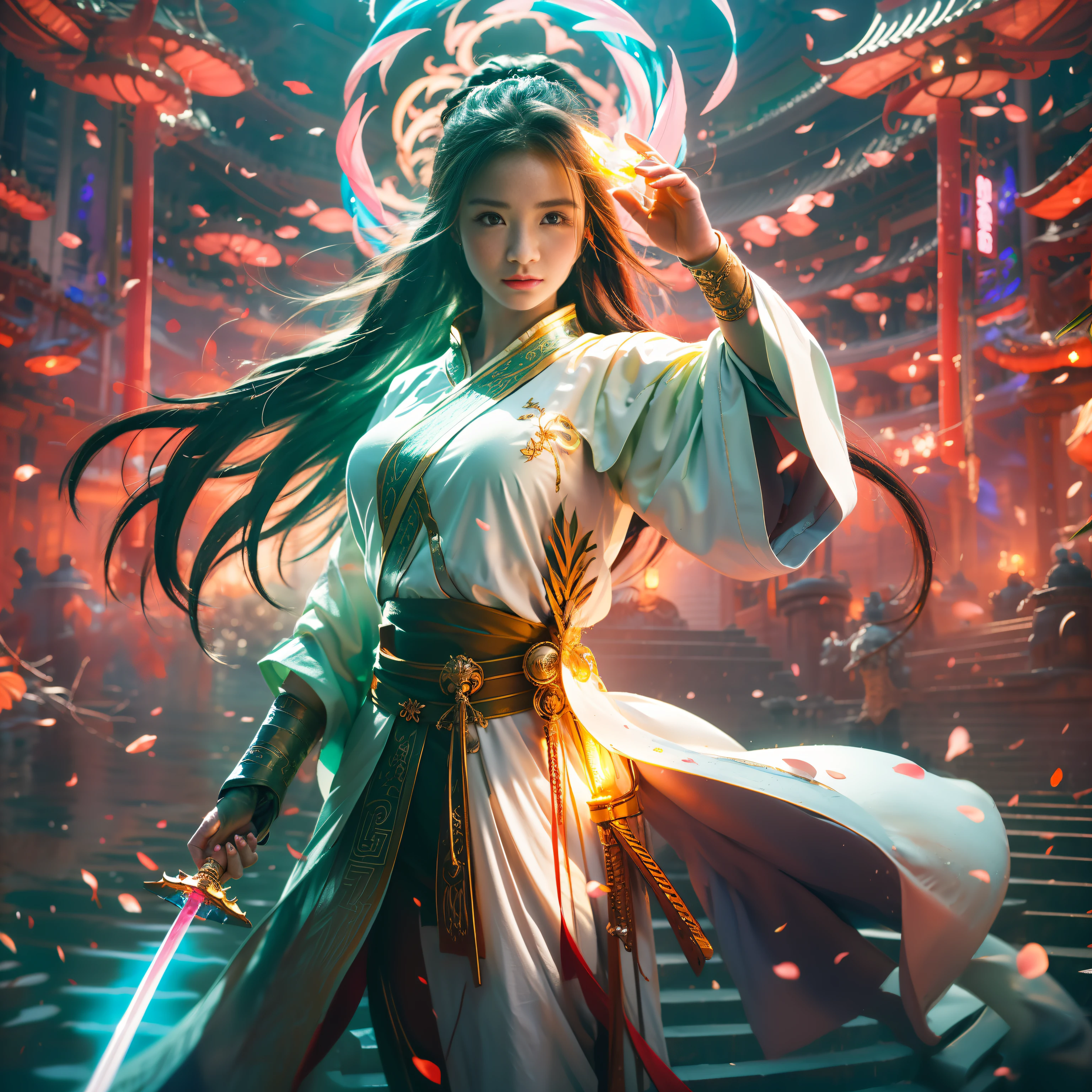 ​masterpiece，a very exquisite and beautiful girl，Very meticulous，Amazing，There are exquisite details，offcial art，ultra detali，high-level，beautiful details girl，White Korean suit，Radiant face，A girl stands in a dragon，The long，without humans，drak，Floating blonde，jade water book，Eau，wave，Energy filled with water，All mechanical，Pink machinery，MIX4，swordsman，1girl huge large breasts，the best quality，hf_xy