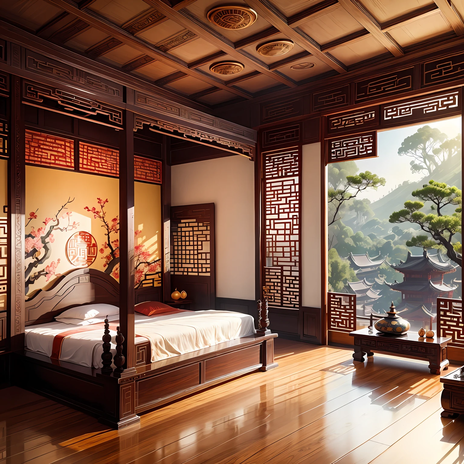 chinese style，Asian scene，inside room，Chinese style bed，janelas，Sunlight through the windows，desks，a chair，Ultra-realistic details，Ultra-high sharpness。 --auto