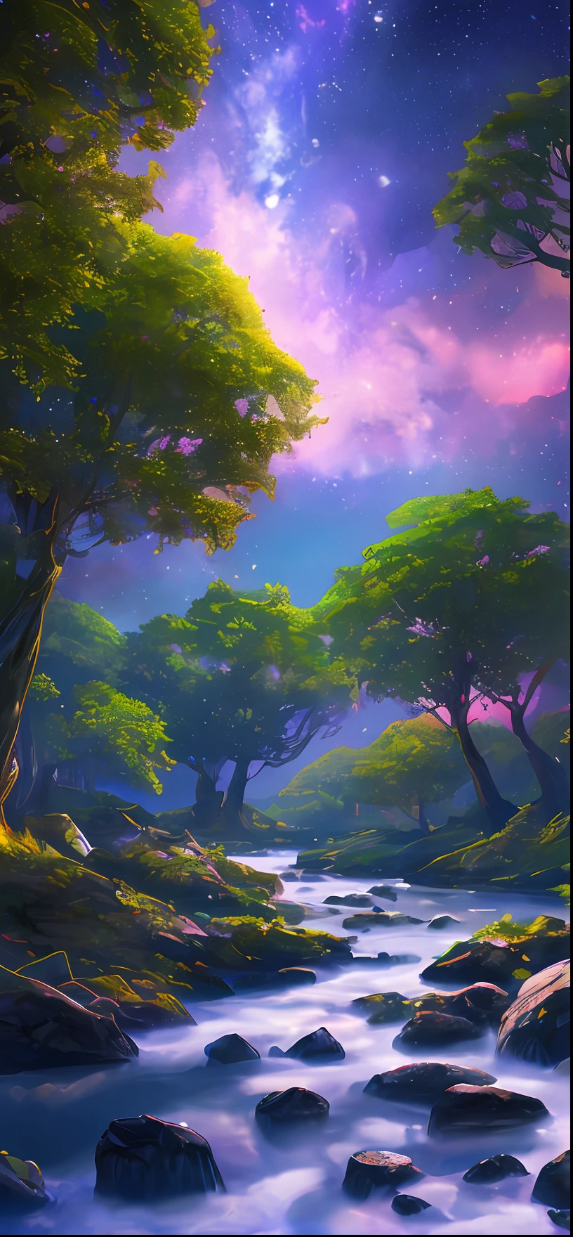 Illustration of a hyperrealistic , otherworldly, ultrasky scene featuring a giant crystal tree full body, deep vibrant colors, very detailed and magical lighting, intricate forest details, vegetation and river around, solarpunk ,landscape, giant tree, beatifull leafy with beautiful lighting and realistic proportions, as if it were a cinematic background, 8k, highest quality, masterpiece, clouds and stars in the sky.