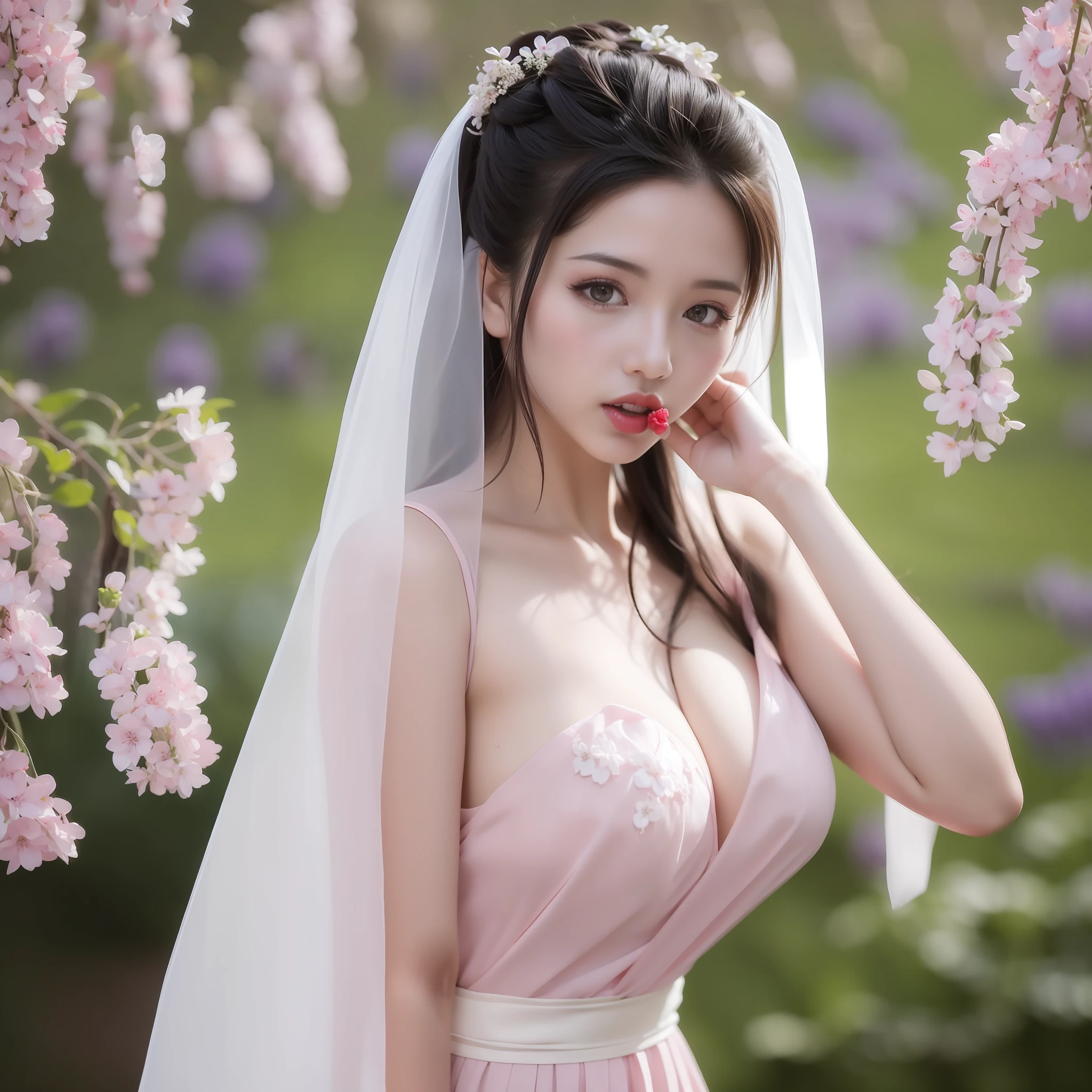 best quailty，Super-High Resolution，（真实感：1.8），1girl，blue_sky，blurry，blurry_background，blurry_foreground，branch，bridal_veil，bride，cherry_blossoms，chinese_clothes，curtain_grab，the curtain，day，depth_of_field，flower，hanami，hanfu，lips，long_hair , outdoors, parted_lips, petals, pink_flower, pink_theme, plum_blossoms, shawl, solo, solo_focus, spring_\(season\), tree, upper_body, veil, wedding, wedding_dress, Wisteria flowers，tmasterpiece， hight clarity， hightquality， Detailed face， detailed body render， 1girl huge large breasts， 独奏，Sleeveless clothing， Dark lips， exhibitionism，No bras， breasts out，， standingn， Be red in the face， （In the bedroom），Full body photo，Orgasmic face，Eyes rolled up，Mouth open，The tongue is pulled out