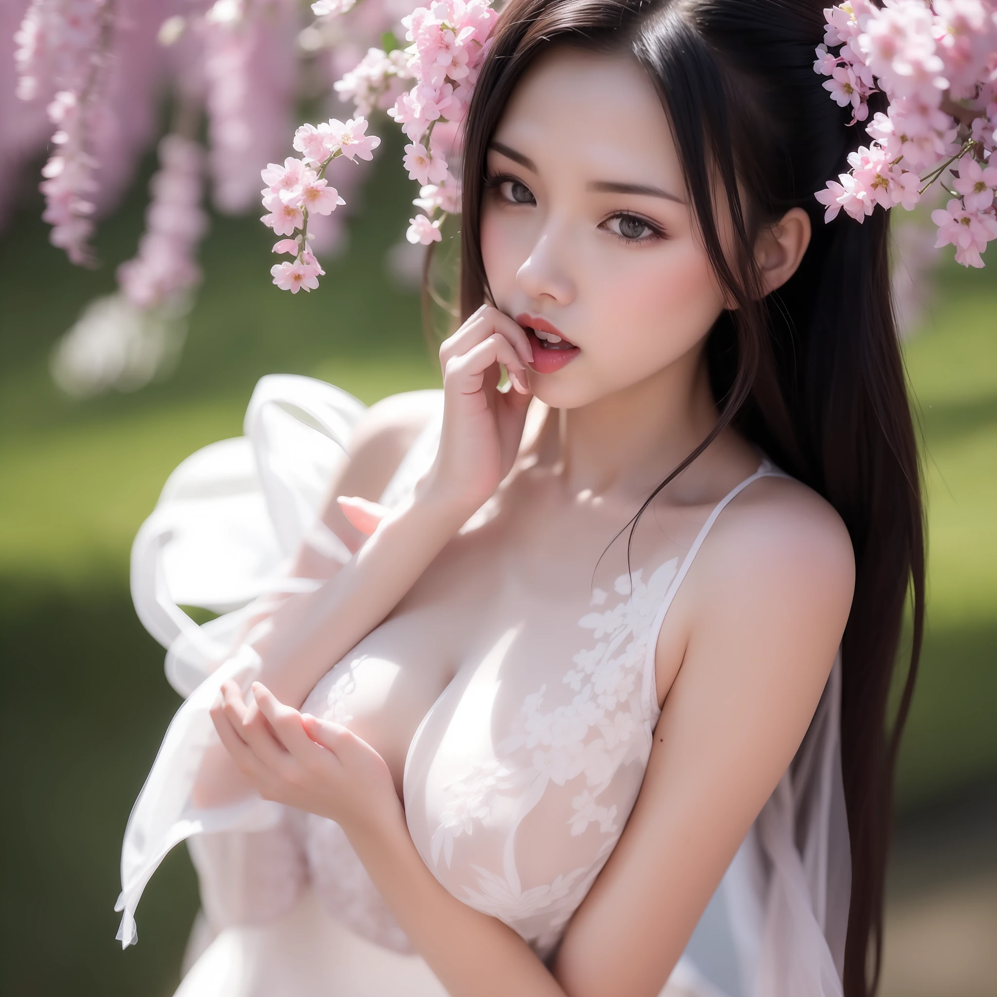 best quailty,Super-High Resolution,(真实感:1.8),1girl,blue_sky,blurry,blurry_background,blurry_foreground,branch,bridal_veil,bride,cherry_blossoms,chinese_clothes,curtain_grab,the curtain,day,depth_of_field,flower,hanami,hanfu,lips,long_hair , outdoors, parted_lips, petals, pink_flower, pink_theme, plum_blossoms, shawl, solo, solo_focus, spring_\(season\), tree, upper_body, veil, wedding, wedding_dress, Wisteria flowers,tmasterpiece, hight clarity, hightquality, Detailed face, detailed body render, 1girl huge large breasts, 独奏,Sleeveless clothing, Dark lips, exhibitionism,No bras, breasts out,, standingn, Be red in the face, (In the bedroom),Full body photo,Orgasmic face,Eyes rolled up,Mouth open,The tongue is pulled out