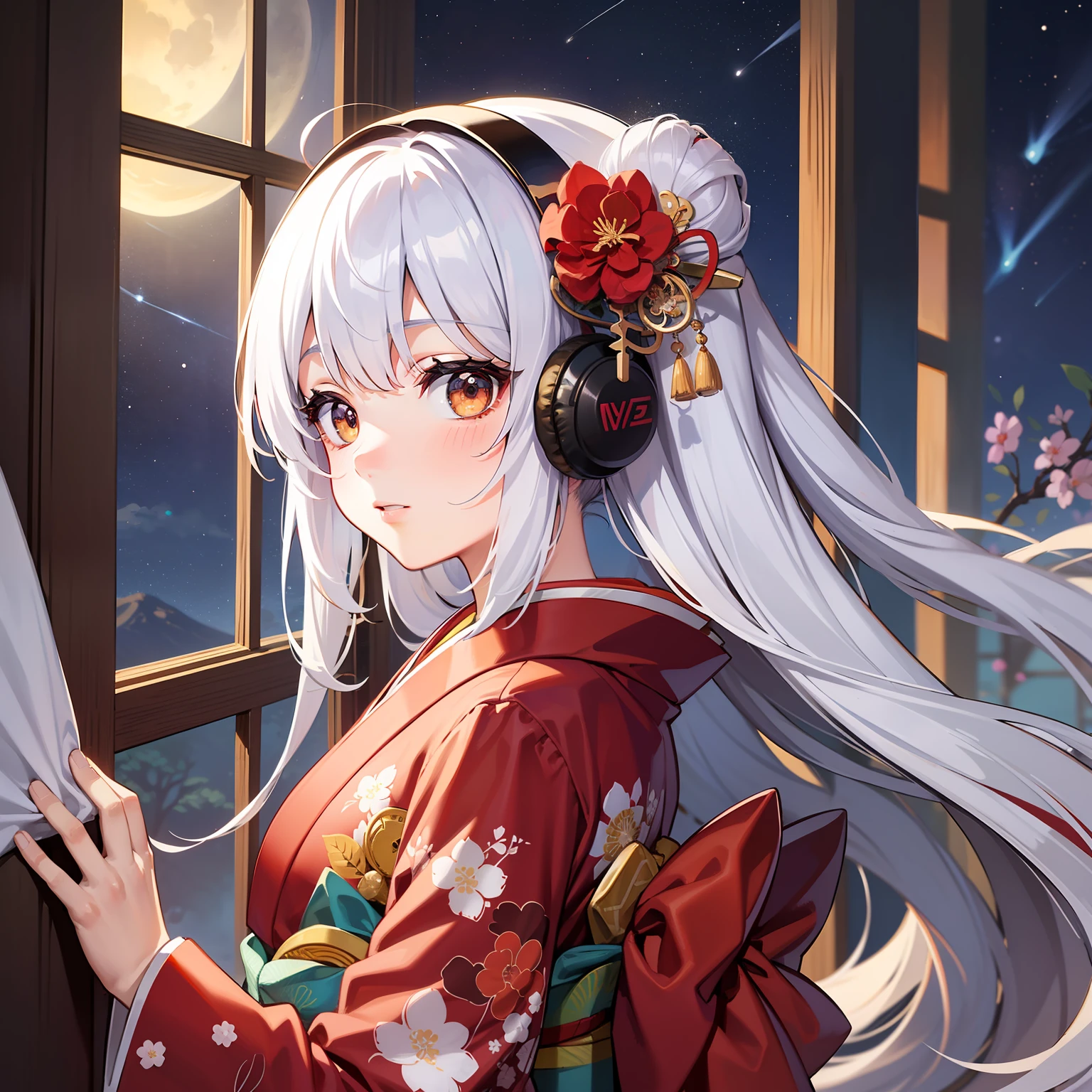 (best quality), (masterpiece), very cute japanese girl, solo, (((red kimono))), ((white long hair)), big headphone, flower hair ornament, starry sky backgroud