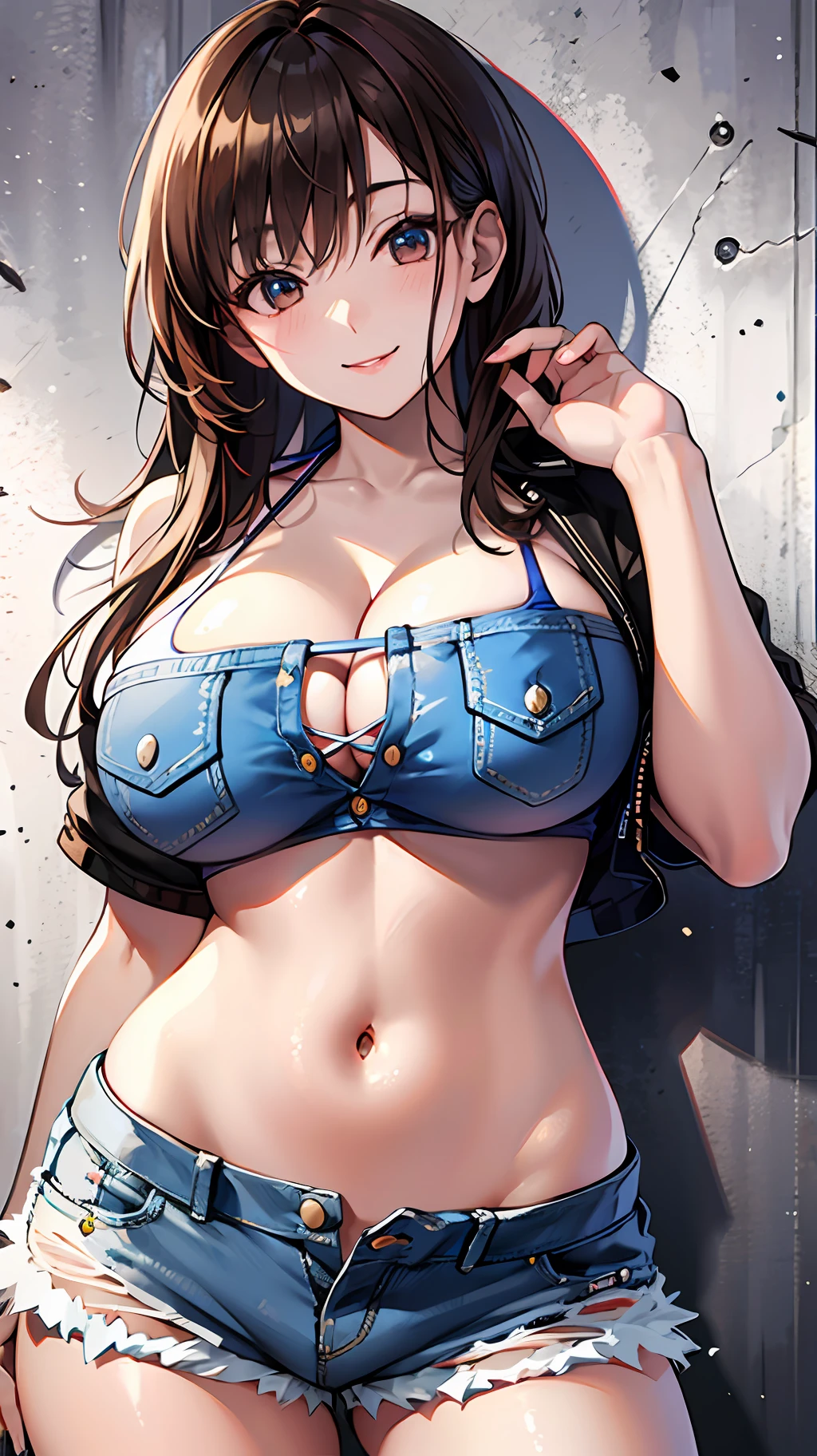 an asian woman with big breasts in denim shorts and bikini top, 1girl in, Breasts, Solo, Shorts, navel, large breasts, denim, Denim shorts, Cleavage, Brown hair, Short shorts, Long hair, Realistic, Smile, Looking at Viewer