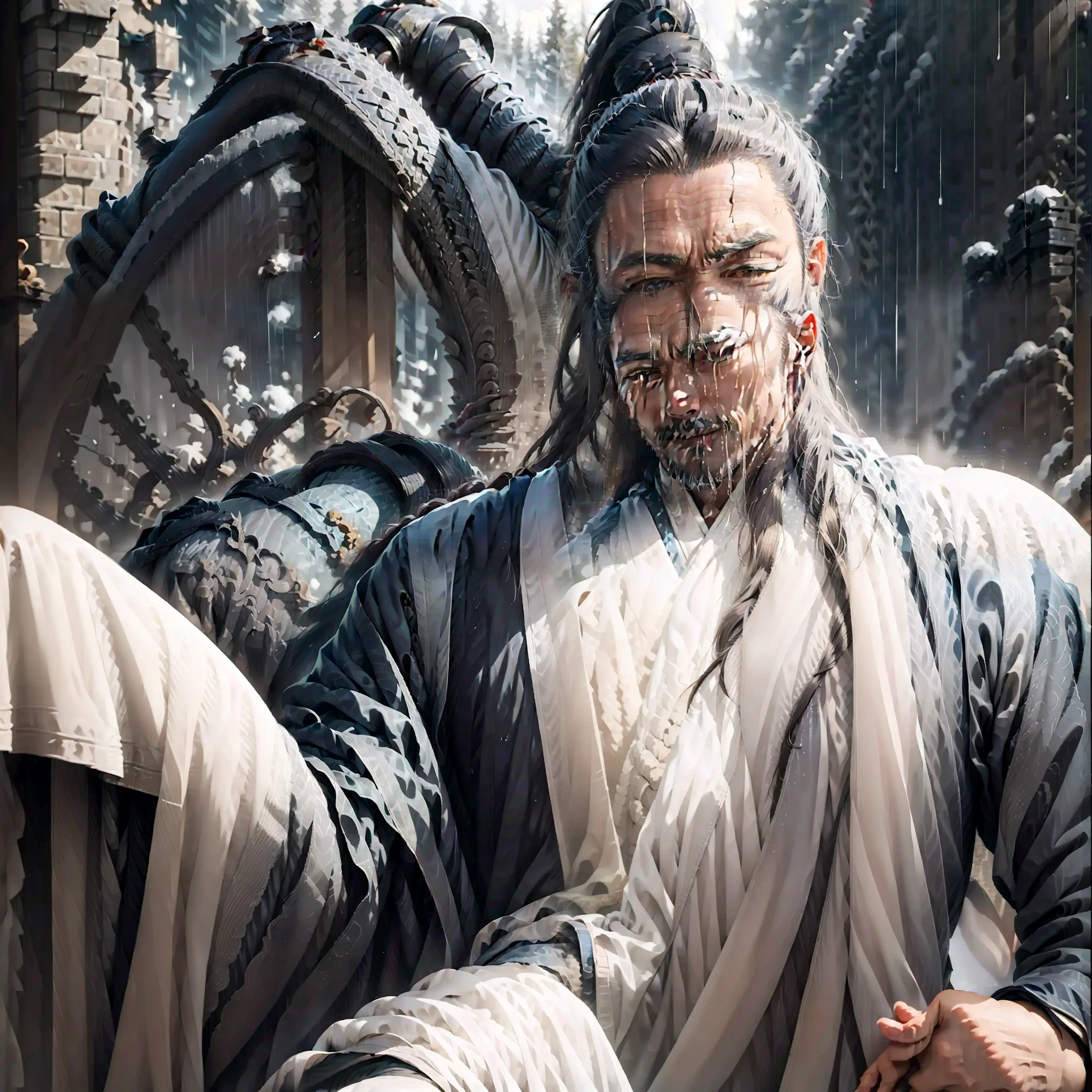 (Premium quality,And extremely fine) white-haire,The land of widows,Smiling in the dark night to the rain,(male people,年轻,Thousand layers of hairstyle,Long hair with a large ponytail,Snow-white pupils,Black eyes,ssmile)