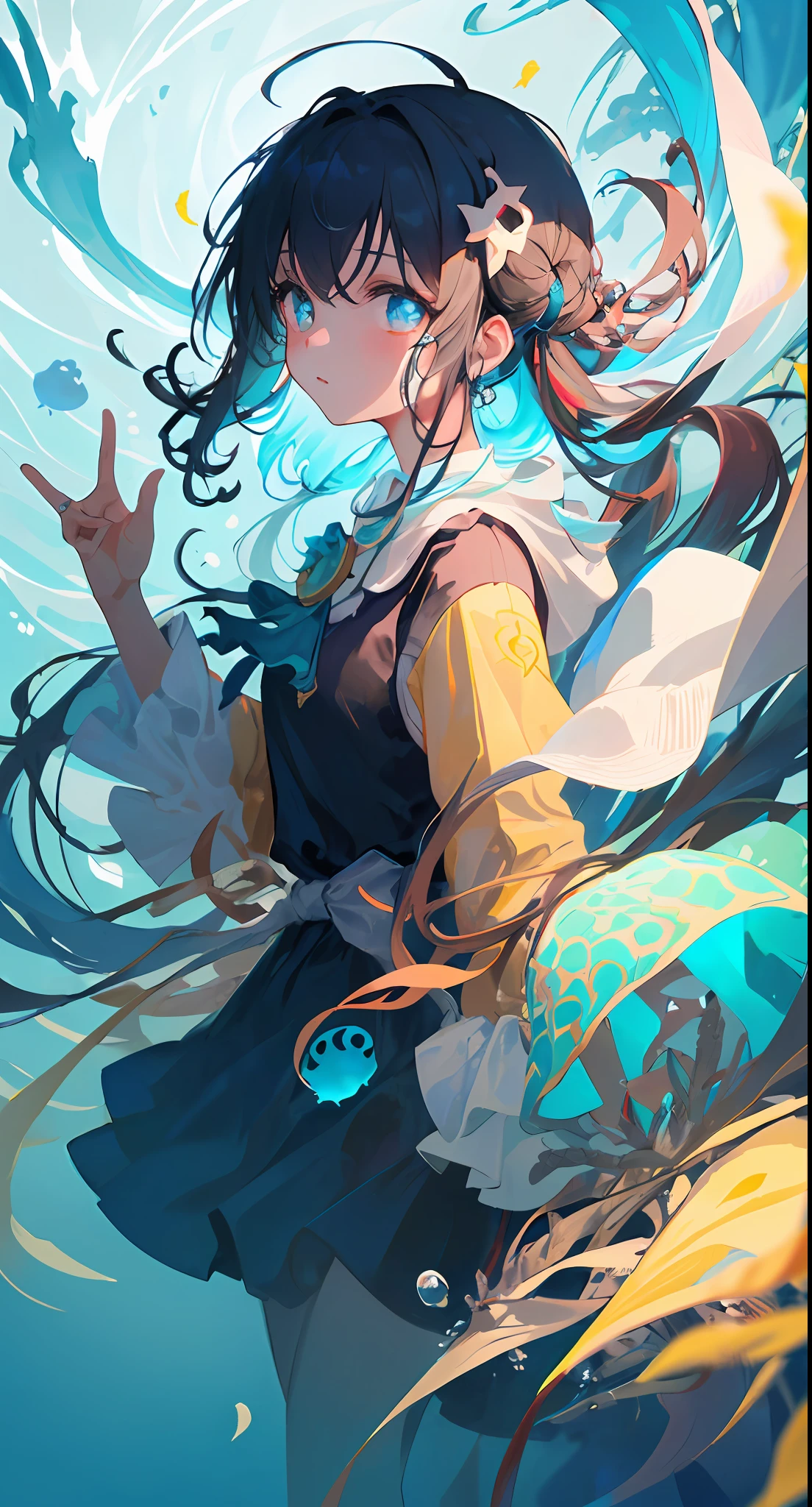 ((masterpiece,best quality)),(negative space:1.2),(1girl, solo:1.4),beautiful detailed eyes,floating hair, underwater, bubble, fish, (jellyfish), fluorescence,sea turtle, seaweed,
