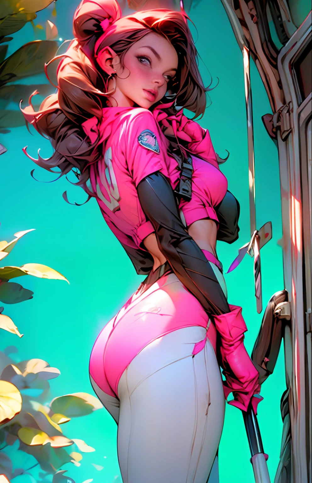 ((Melhor qualidade)), ((obra-prima)), ((realista)) e fotografia ultra-detalhada de uma mulher Branca,,rosa,1mulher astronauta em um bubblegum world