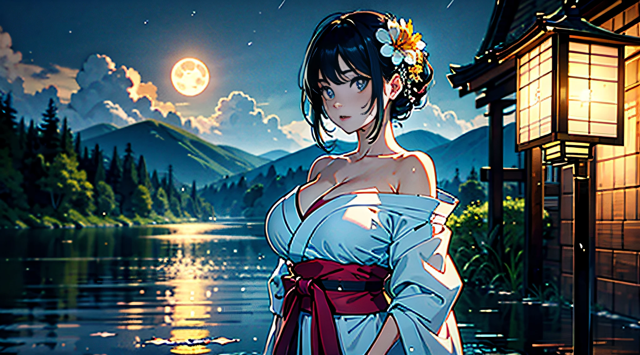 1girl, breasts, moon, lantern, night, solo, large breasts, hair ornament, wet, kimono, japanese clothes, wading, water, hair flower, flower, outdoors, sky, full moon, rain, black hair, off shoulder, mountain, cloud, holding, sash, bare shoulders, paper lantern, standing, white kimono, night sky, sideboob, obi, wet clothes, bangs, tree, from side, reflection, short hair, cloudy sky, wet hair (((masterpiece),(extremely detailed CG unity 8k wallpaper),best quality,,solo,1girl,cinematic lighting,detailed background,beautiful detailed eyes,bright pupils, (an extremely delicate and beautiful),(Beautiful and detailed eye description), ultra-detailed,masterpiece,)),