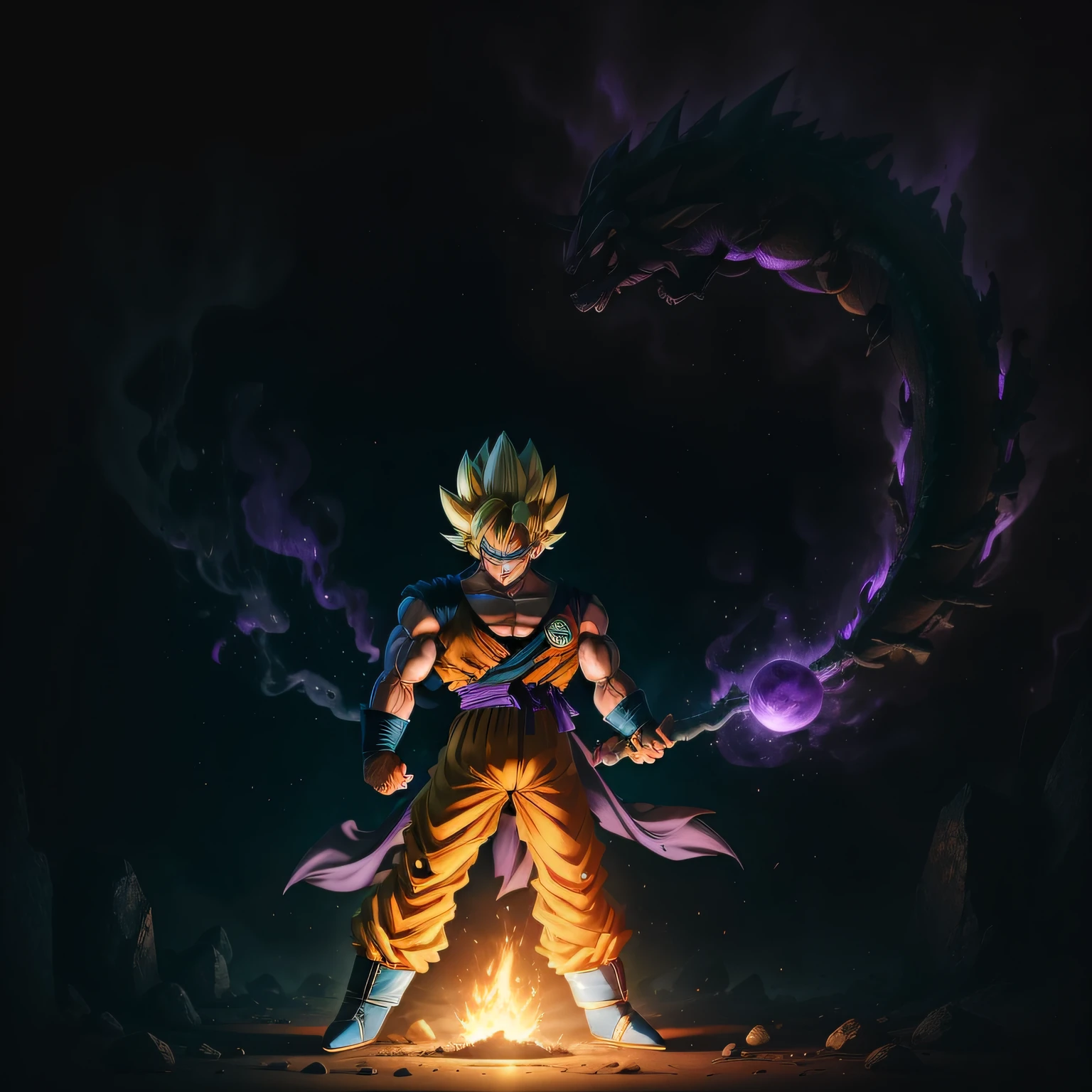 Dragon Ball Super Saiyan Peach,Black Goku's whole body loomed,The lighting is dim,Roaring purple aura burned around Black Goku,Full of imposing。 --auto