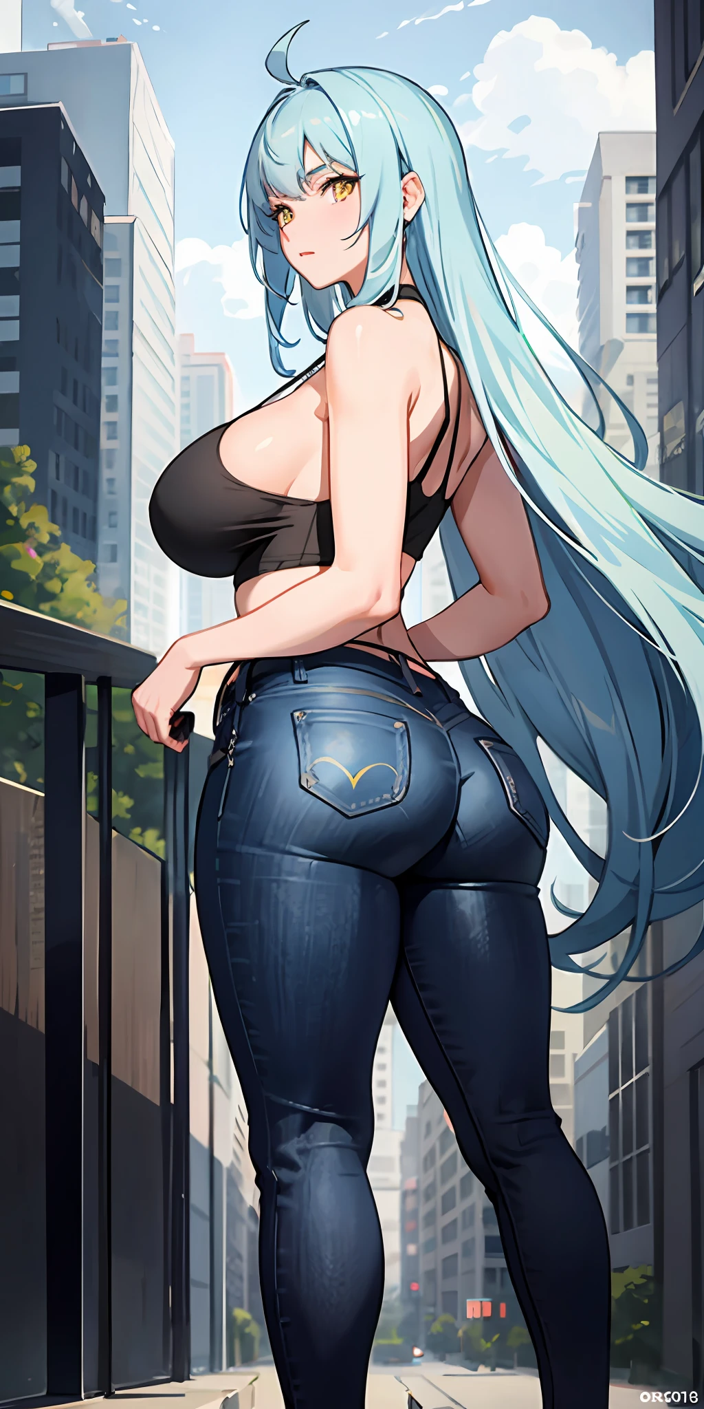 Light blue hair, long hair, yellow eyes, massive boobs, massive ass, collarbone, bare shoulder, tight shirts and pants, in building
