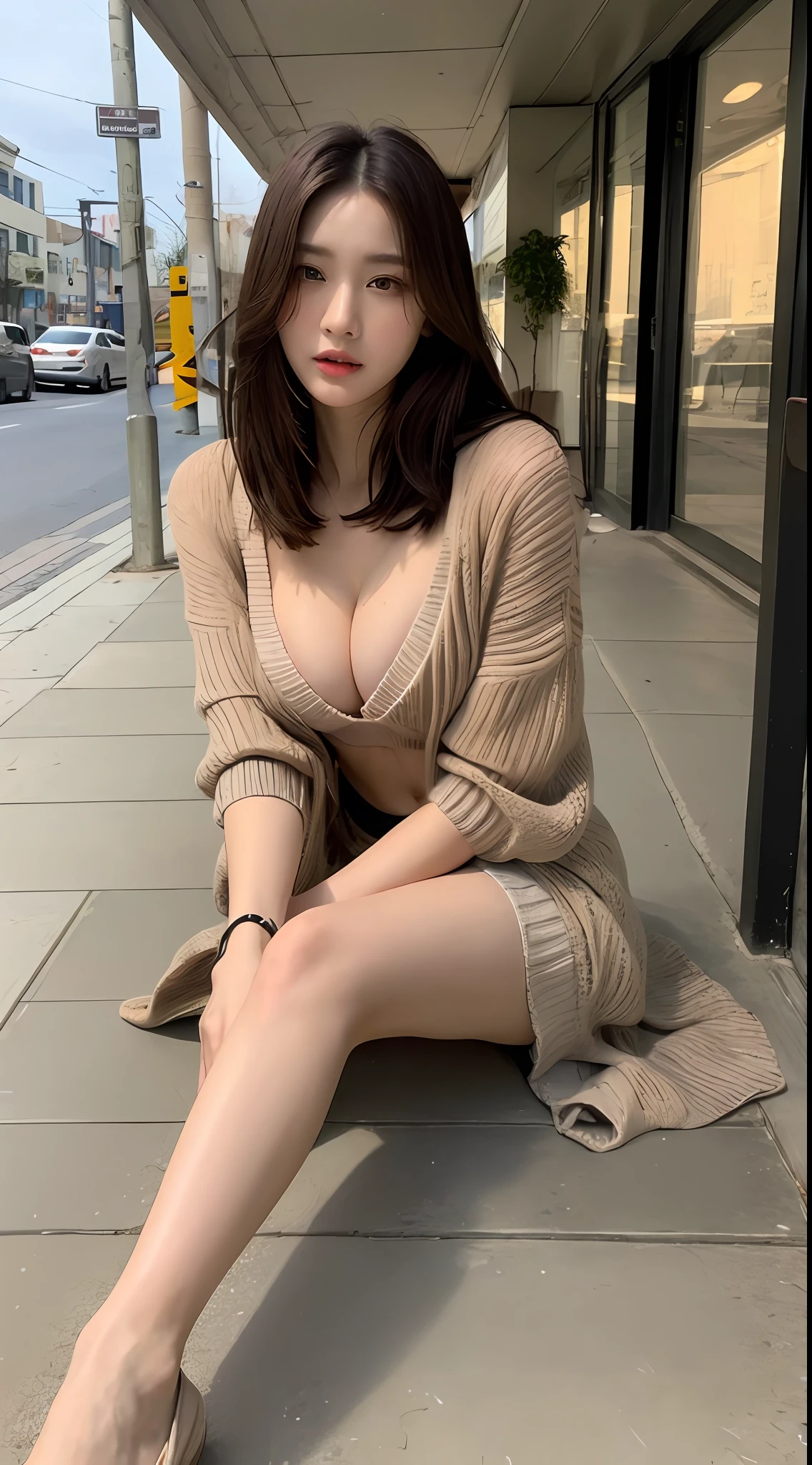 ((Best quality, 8k, Masterpiece :1.3)), Whole body, Long legs, Sharp focus :1.2, A pretty woman with perfect figure :1.4, Slender abs, slender thigh :1.1, ((dark brown hair, Big breasts :1.2)), (oversized sweater, sitting on the table:1.2), ((midnight, Sidewalk :1.3)), Highly detailed face and skin texture, Detailed eyes, Double eyelid, seduces, cleavage, close up