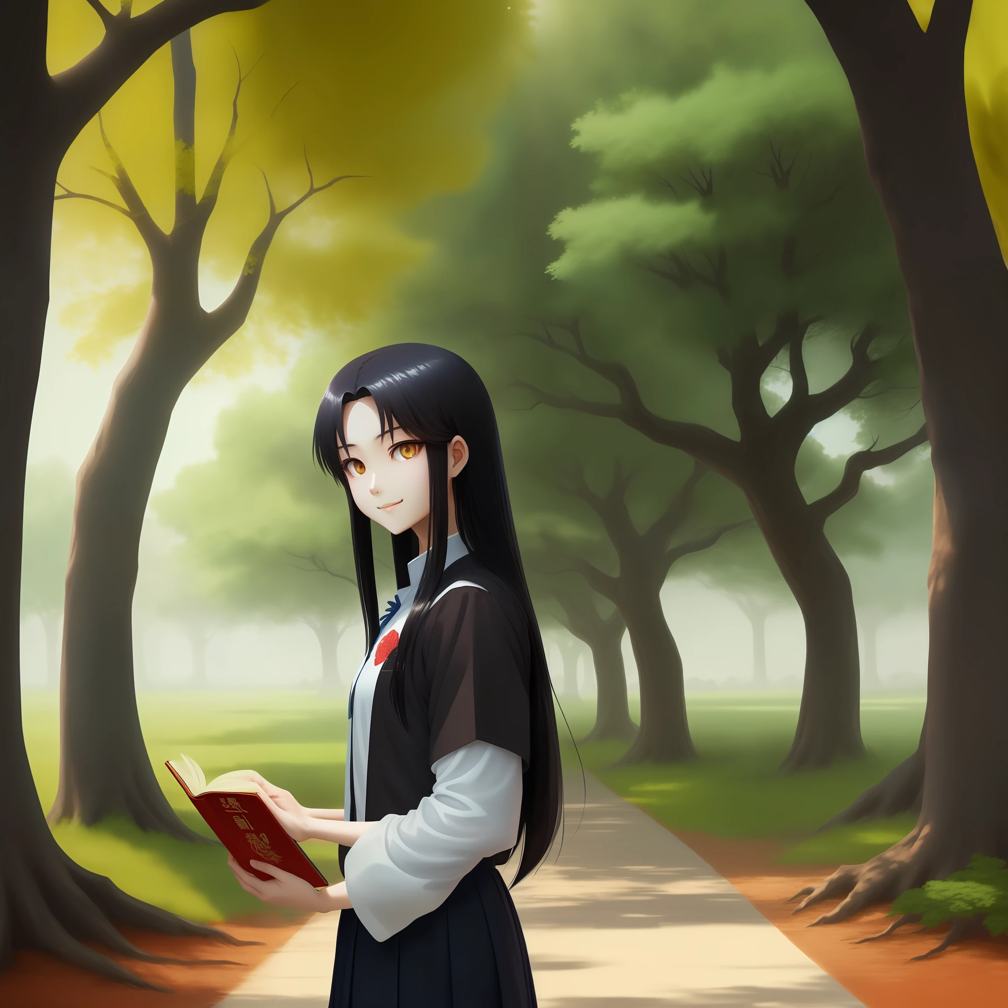 (China-style),(Long black straight hair+Amber eyes),(ssmile+style of anime),(School uniform for Chinese students),(Under the oak tree),(Finger books),(Glow eyes:1.2),(full room view),(The wide-angle)The book cover is blue