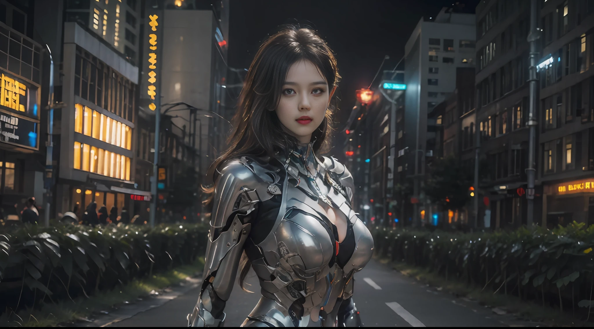 big breast beauty,(length hair),Mechanical body,City background at night,tmasterpiece,4K,8K,finedetail,Super-High Resolution,best quailty,Hi-Def,Complicated details,largefilesize,astonishing,depth of fields,naturalshadow,