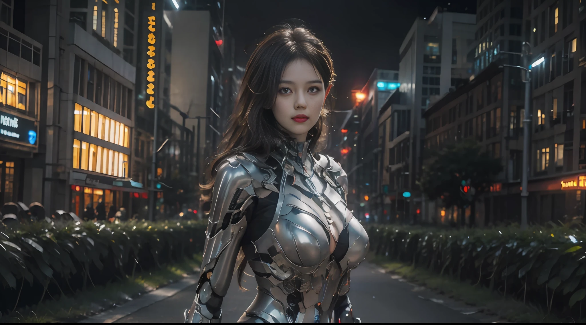 big breast beauty,(length hair),Mechanical body,City background at night,tmasterpiece,4K,8K,finedetail,Super-High Resolution,best quailty,Hi-Def,Complicated details,largefilesize,astonishing,depth of fields,naturalshadow,