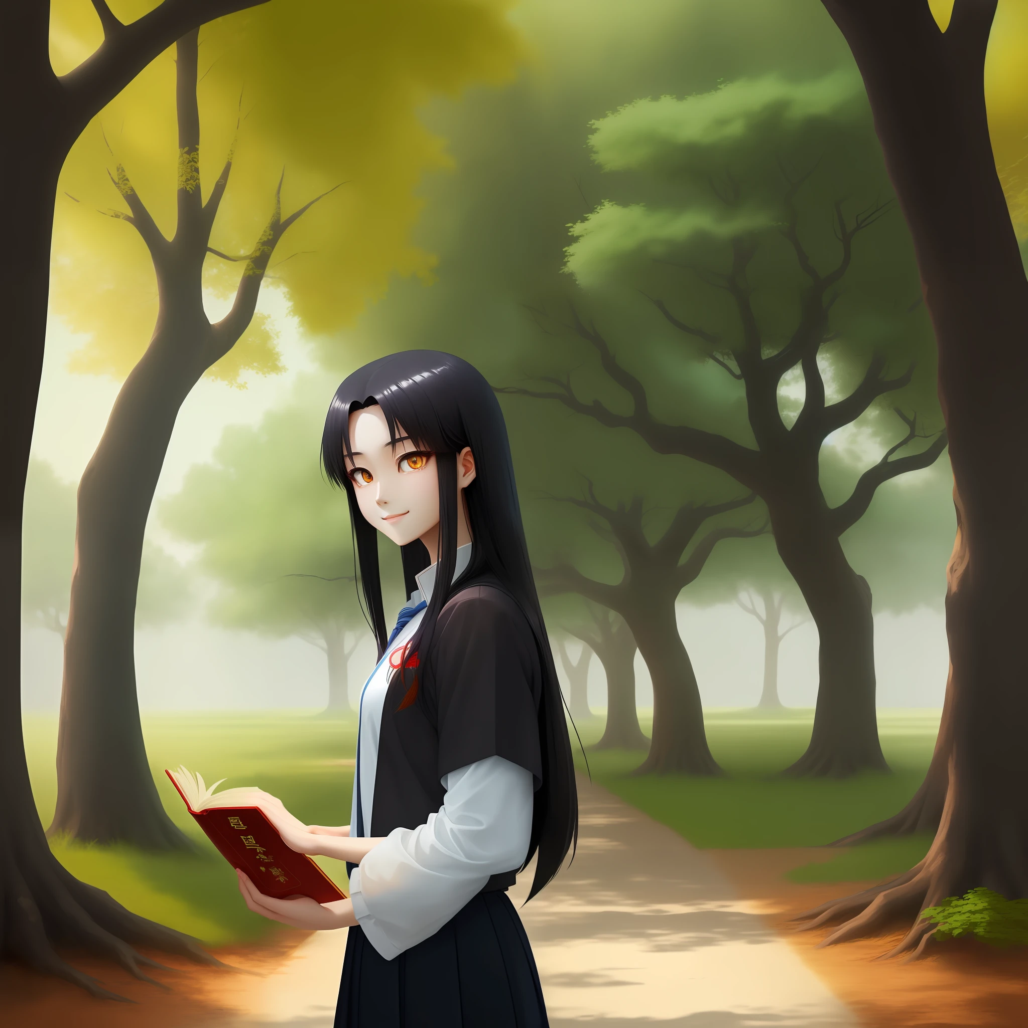 (China-style),(Long black straight hair+Amber eyes),(ssmile+style of anime),(School uniform for Chinese students),(Under the oak tree),(Finger books),(Glow eyes:1.2),(full room view),(The wide-angle)The book cover is blue