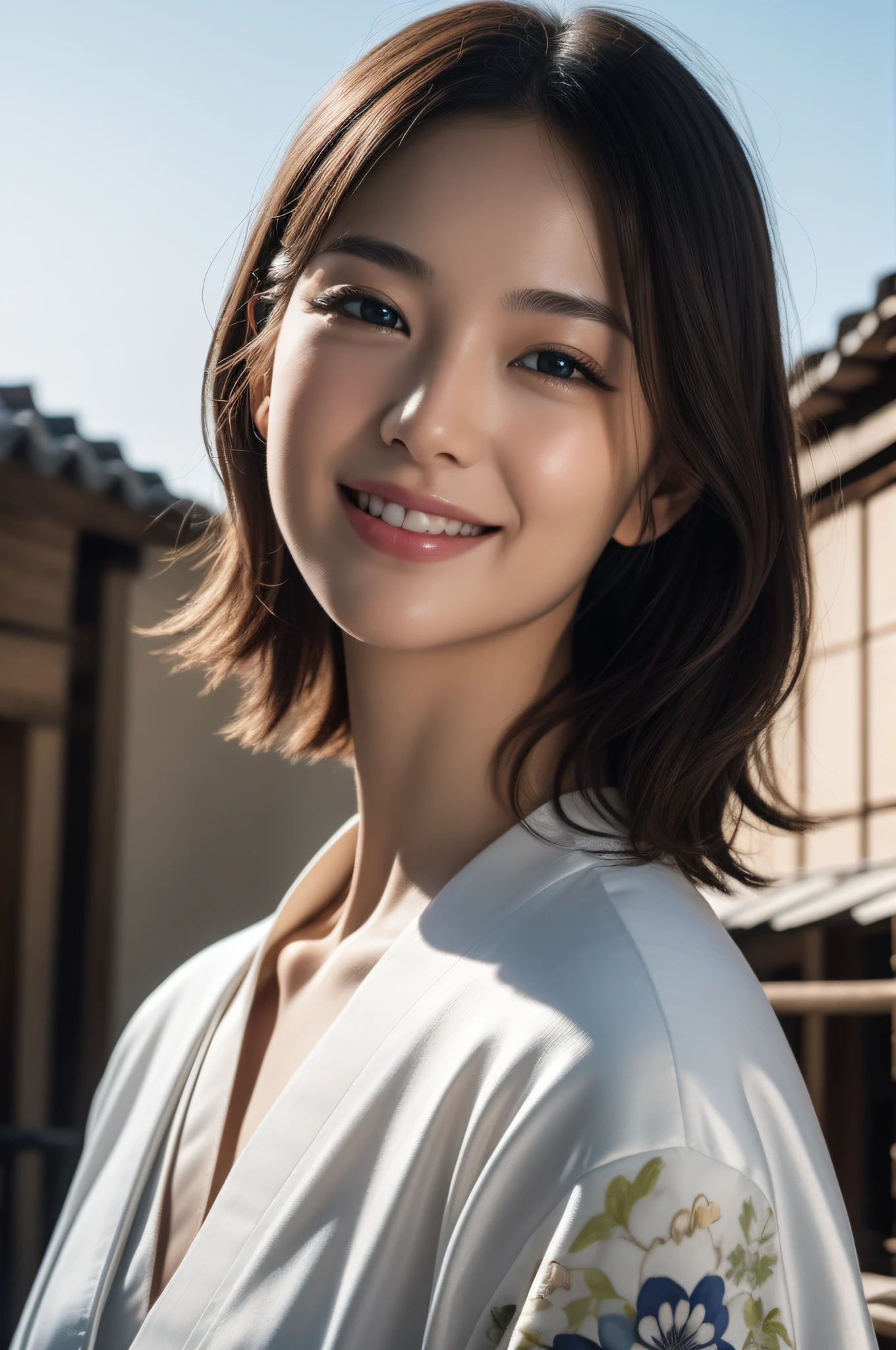 Close up photo of a girl、shorth hair、(Wearing a silk kimono with a Japanese pattern)、The background is the roof of a building、beste-Qualit、realisitic、a photorealistic、(intricate detailes:1.2)、(delicate detail)、(ciinematic light、best quality backlight)、Clear Line、foco nítido、Lifelike face、Detailed faces Unity 8K wallpapers、Super-High Resolution、(a photorealistic:1.4)、A smile
