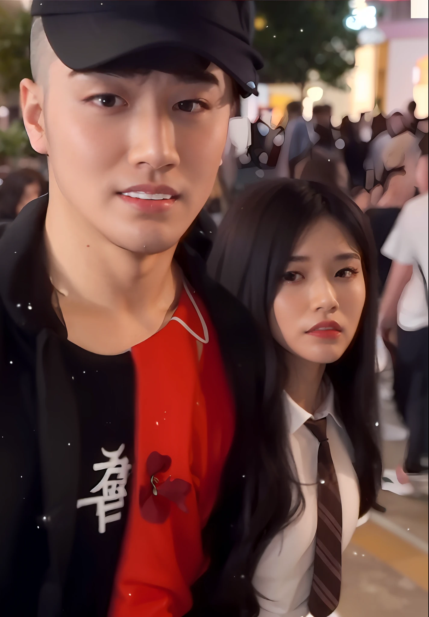 there is a man and woman standing together in a crowded area, grainy low quality, she has a cute face, tiktok video, She is facing the camera, grainy footage, low quality footage, low quality grainy, low quality video, Detailed unblurred face, instagram story, appearing in a shopping mall, They are in love, looking distracted and awkward