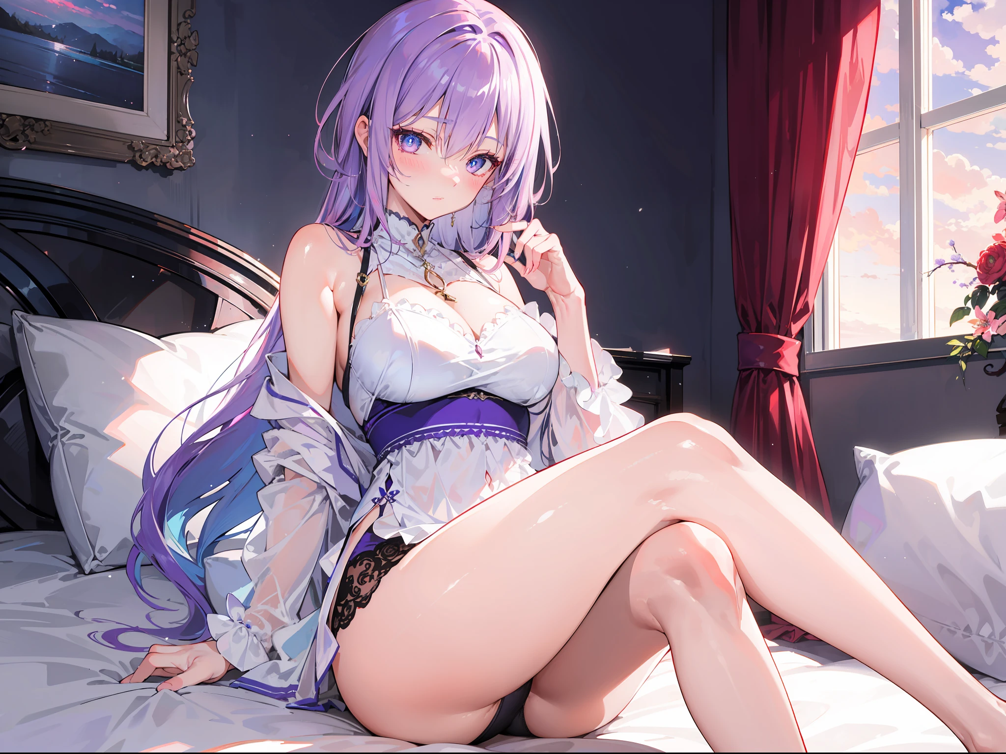 "Epic morning in bedroom atmosphere, stunning 4k artwork featuring a confident mature woman long flowing vibrant light-purple hair. Her captivating, her eyes pink that illuminate the scene. She sat elegantly and blushes"