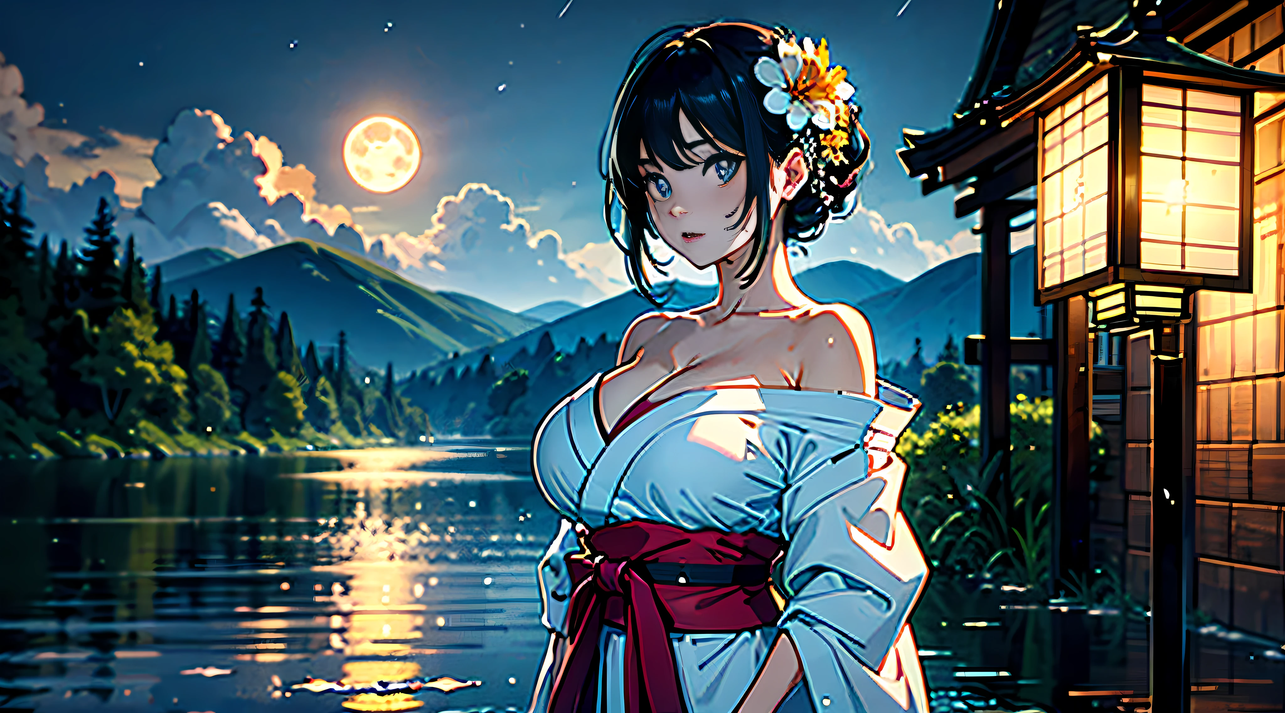 1girl, breasts, moon, lantern, night, solo, large breasts, hair ornament, wet, kimono, japanese clothes, wading, water, hair flower, flower, outdoors, sky, full moon, rain, black hair, off shoulder, mountain, cloud, holding, sash, bare shoulders, paper lantern, standing, white kimono, night sky, sideboob, obi, wet clothes, bangs, tree, from side, reflection, short hair, cloudy sky, wet hair (((masterpiece),(extremely detailed CG unity 8k wallpaper),best quality,,solo,1girl,cinematic lighting,detailed background,beautiful detailed eyes,bright pupils, (an extremely delicate and beautiful),(Beautiful and detailed eye description), ultra-detailed,masterpiece,)),