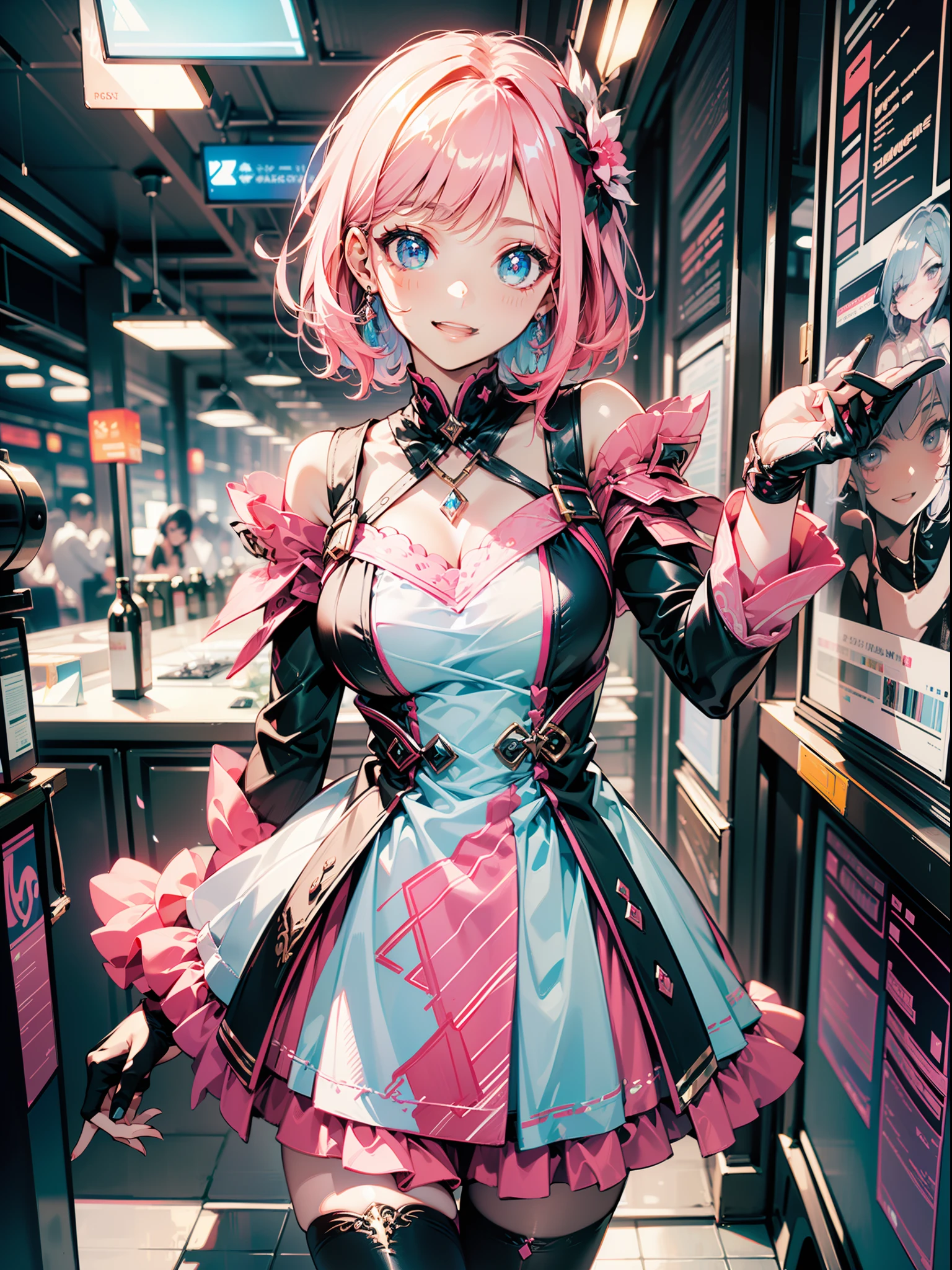 (HD CG, Character CG, lovly, Side Body, Cheerful expression, Spell casting action, Sweet details, Short pink hair, bluedress, Design clothing, Single standing painting)