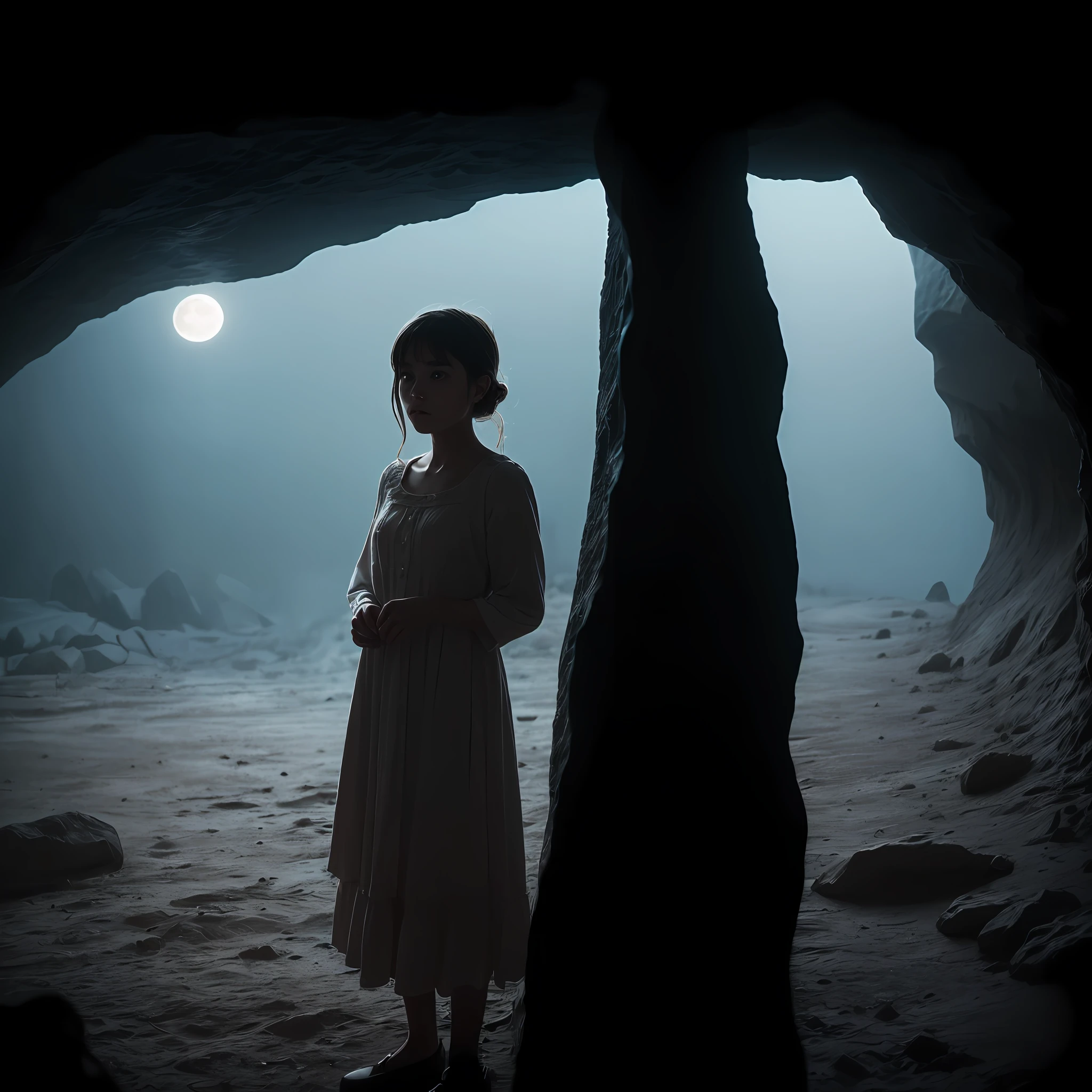 young girl, in a dark cave, future ancient clothes, moonlight, abstract colors, texture, film grain, skin pores, dusty atmospheric haze, vignetting, intricate hasselblad dslr RAW ((you don't belong to this world, you cannot find your place)) ((Late in the night When the darkness is deep))